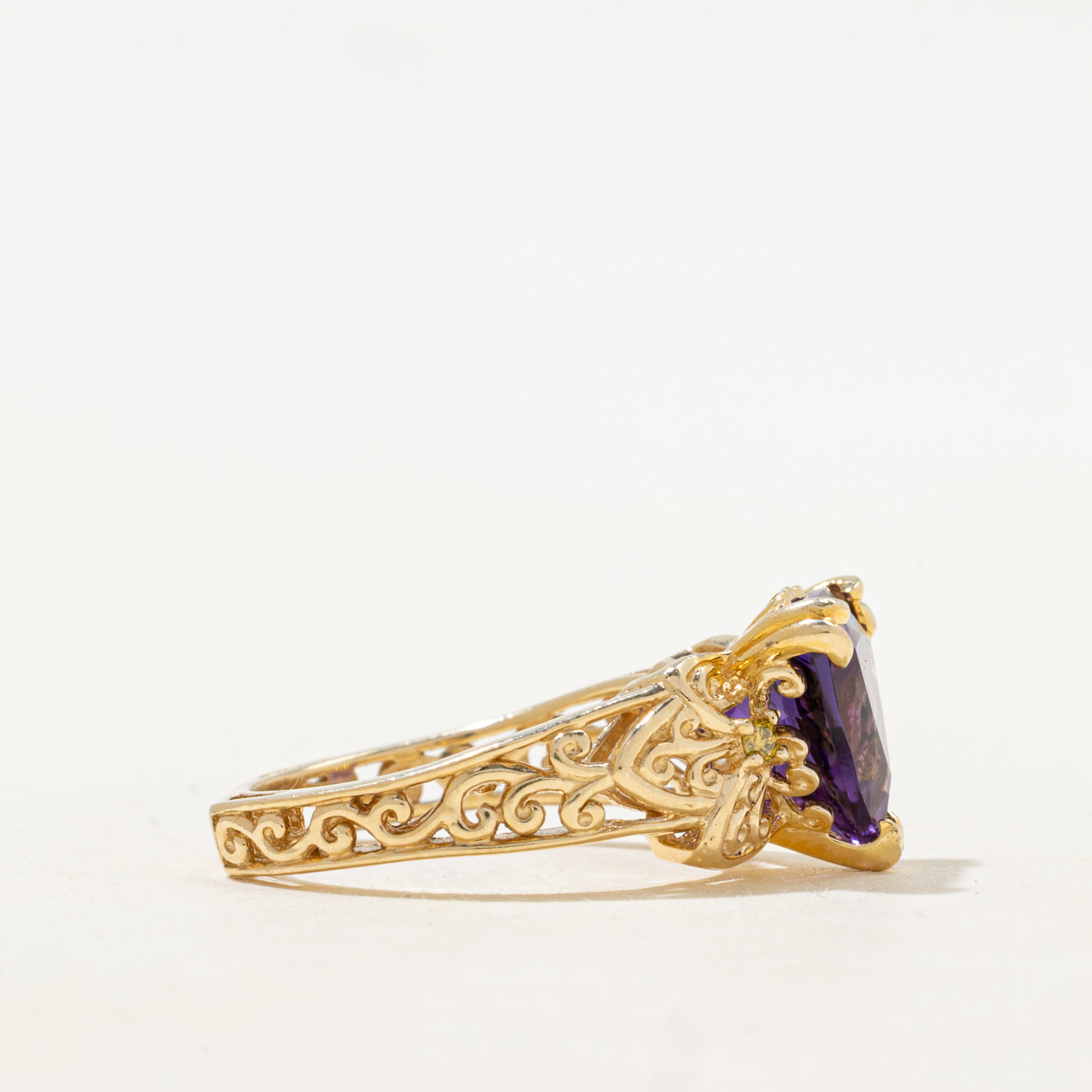 Trillion Cut Synthetic Purple Sapphire & Yellow Diamond Cocktail Ring | 3.00ct, 0.04ctw | SZ 5.5