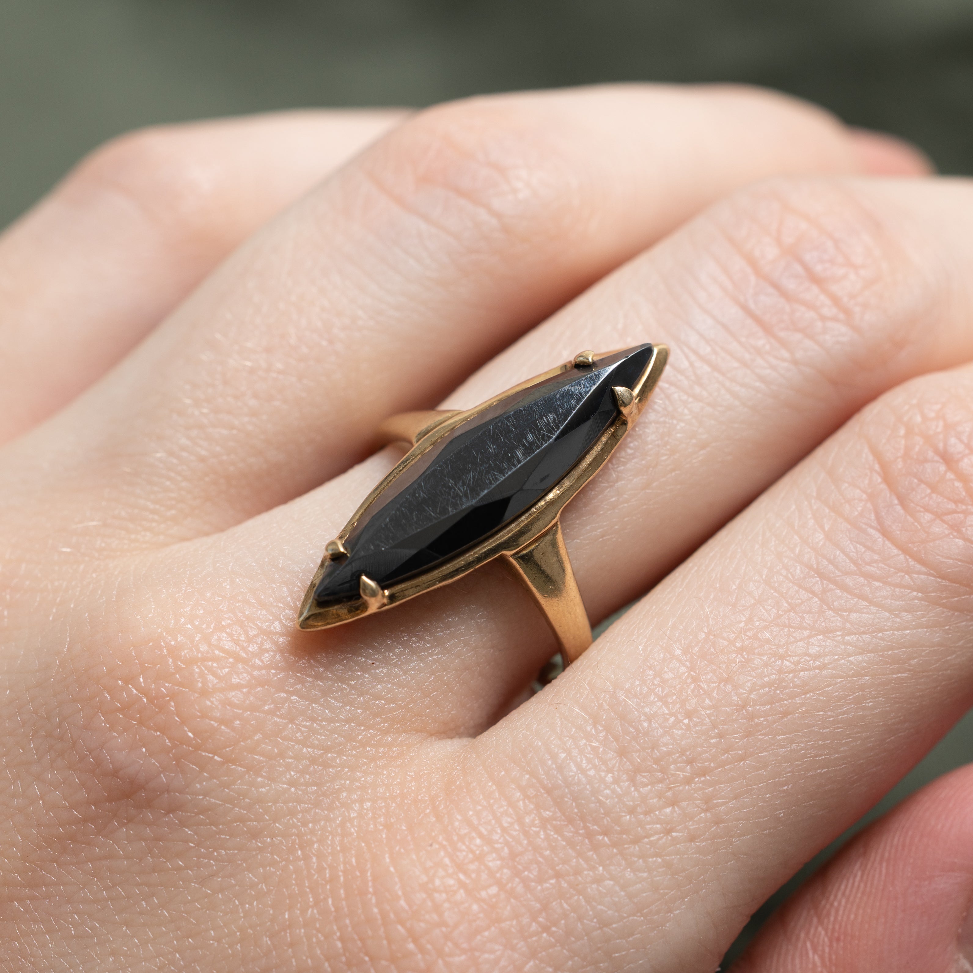 Yellow Gold Hematite Navette Ring | SZ 7.25