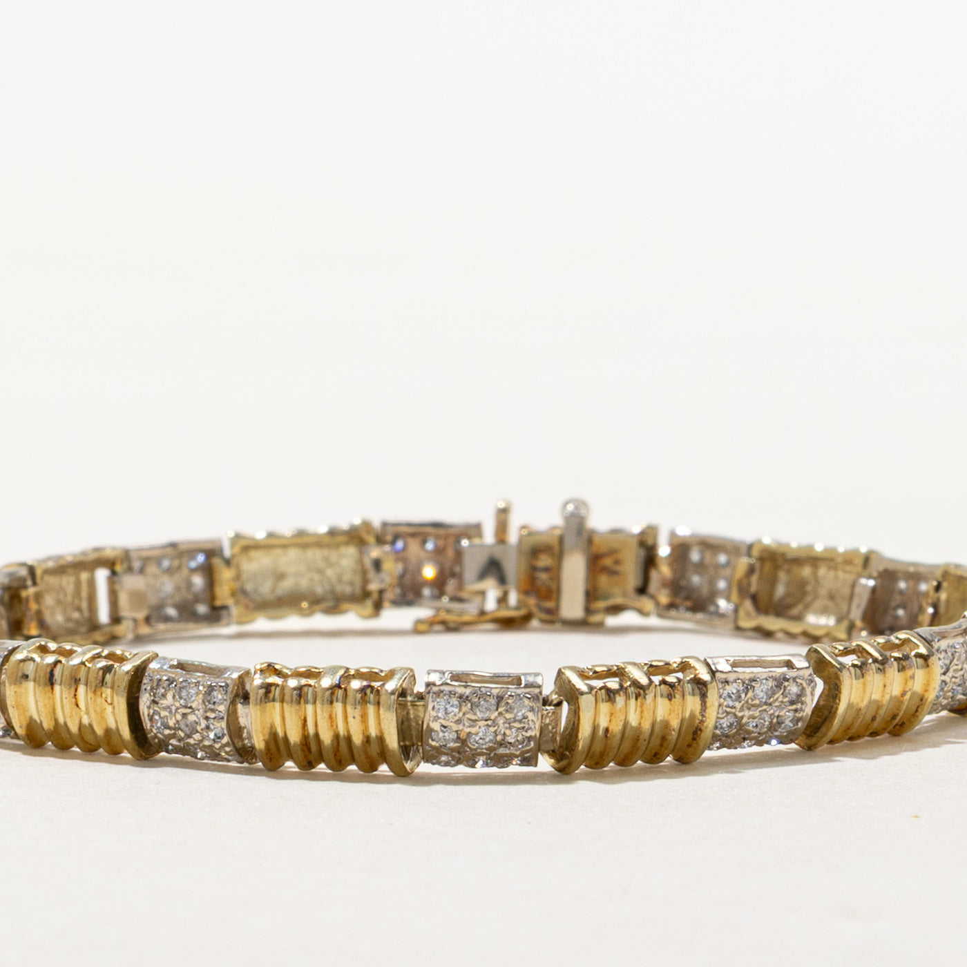 Two Tone Gold Diamond Fluted Tennis Bracelet | 1.08ctw | 7"