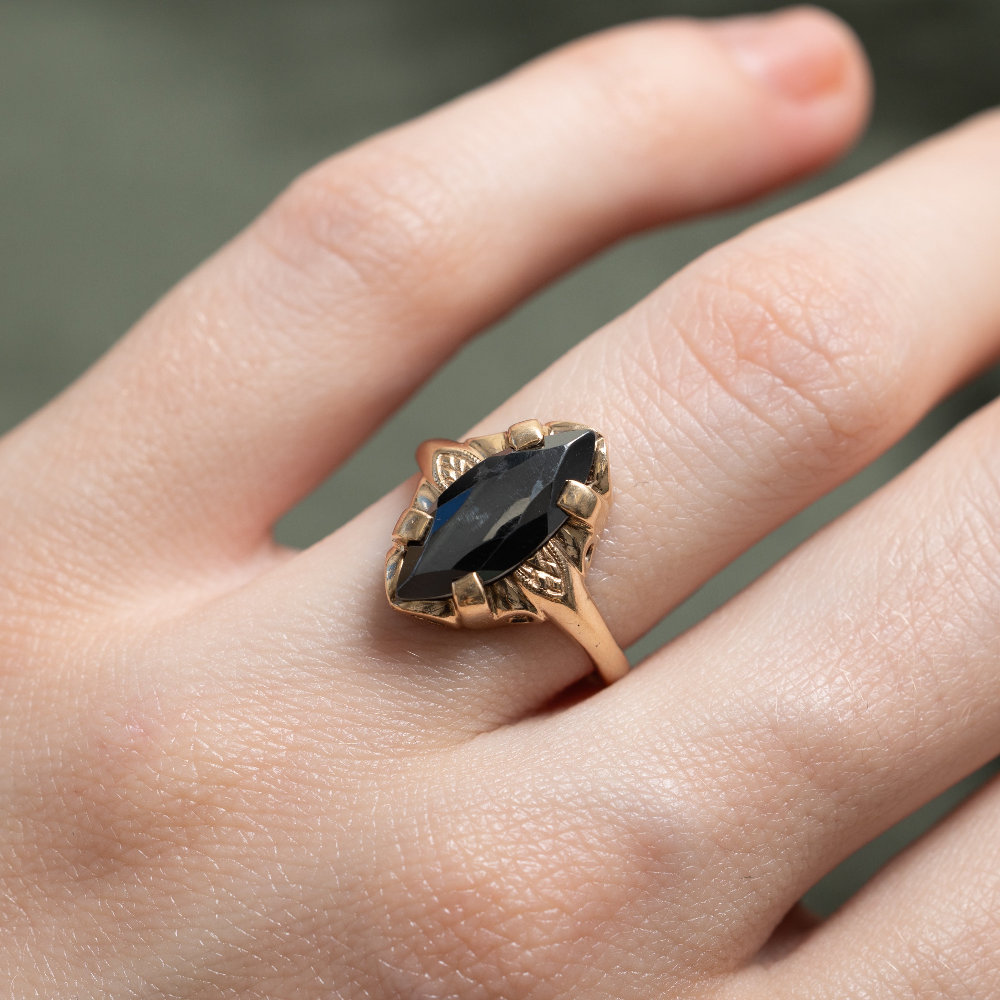 Yellow Gold Hematite Navette Ring | SZ 4.25