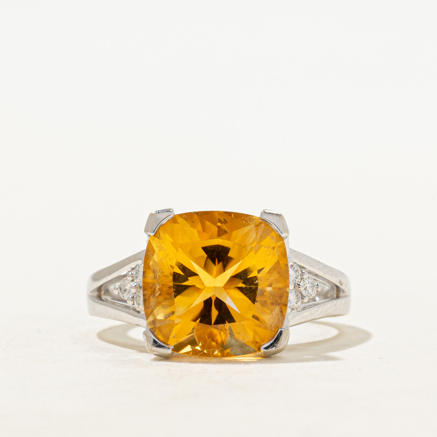 Cushion Cut Citrine & Diamond Open Shank Cocktail Ring | 4.04ct, 0.09ctw | SZ 7