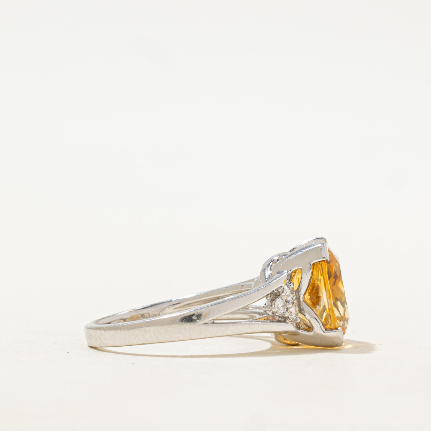 Cushion Cut Citrine & Diamond Open Shank Cocktail Ring | 4.04ct, 0.09ctw | SZ 7