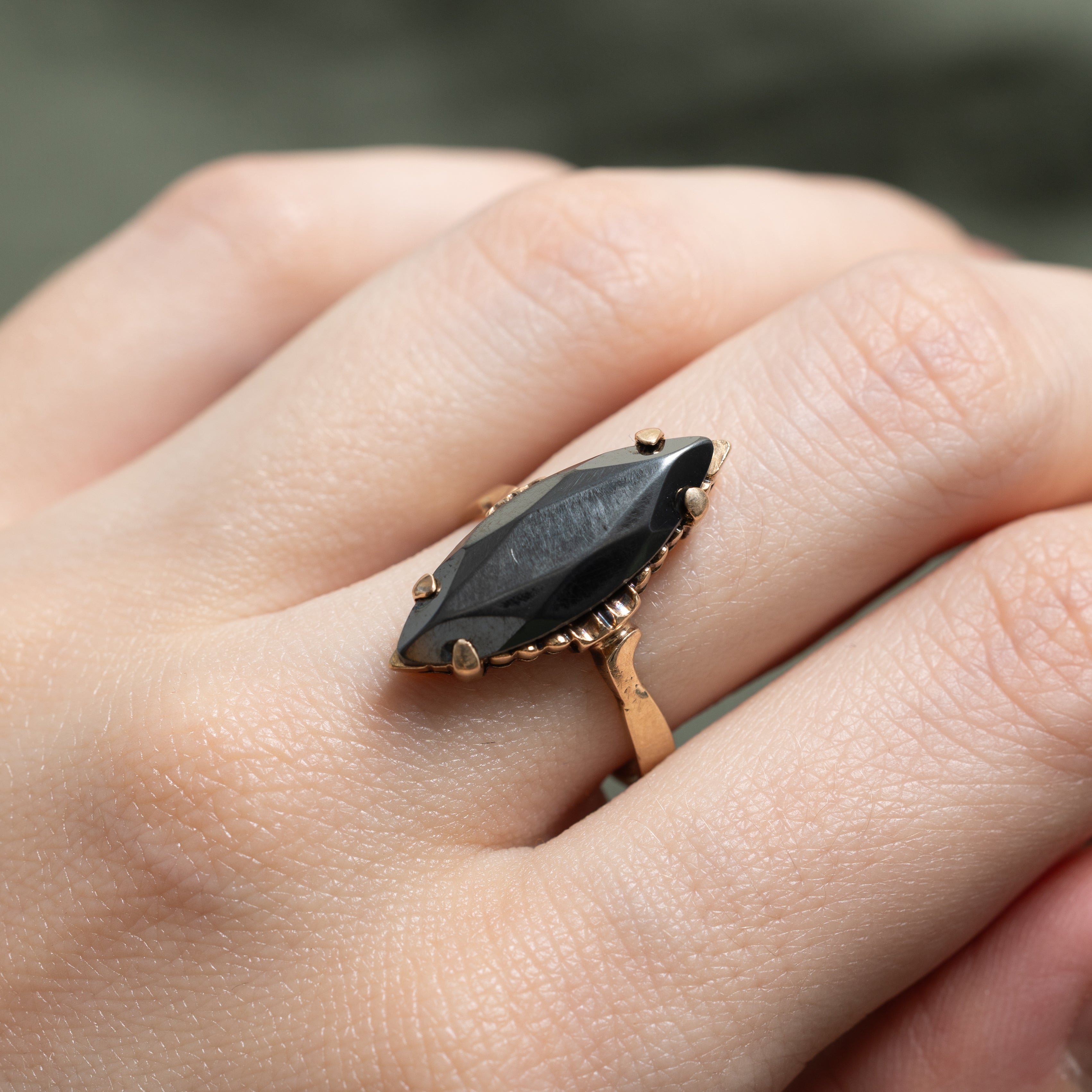 Yellow Gold Hematite Navette Ring | SZ 6.75