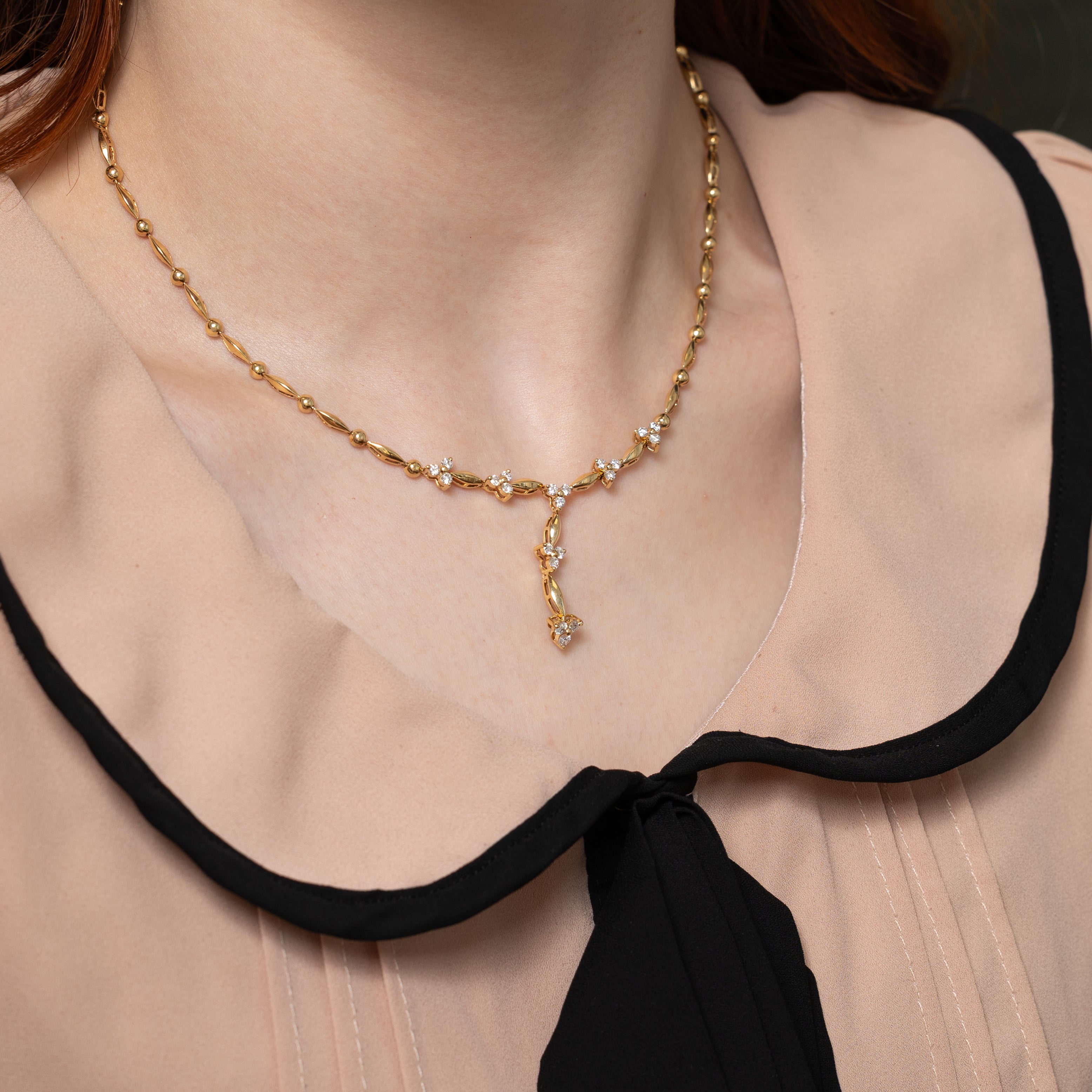 Yellow Gold Diamond Clusters Drop Necklace | 0.90ct | 16"