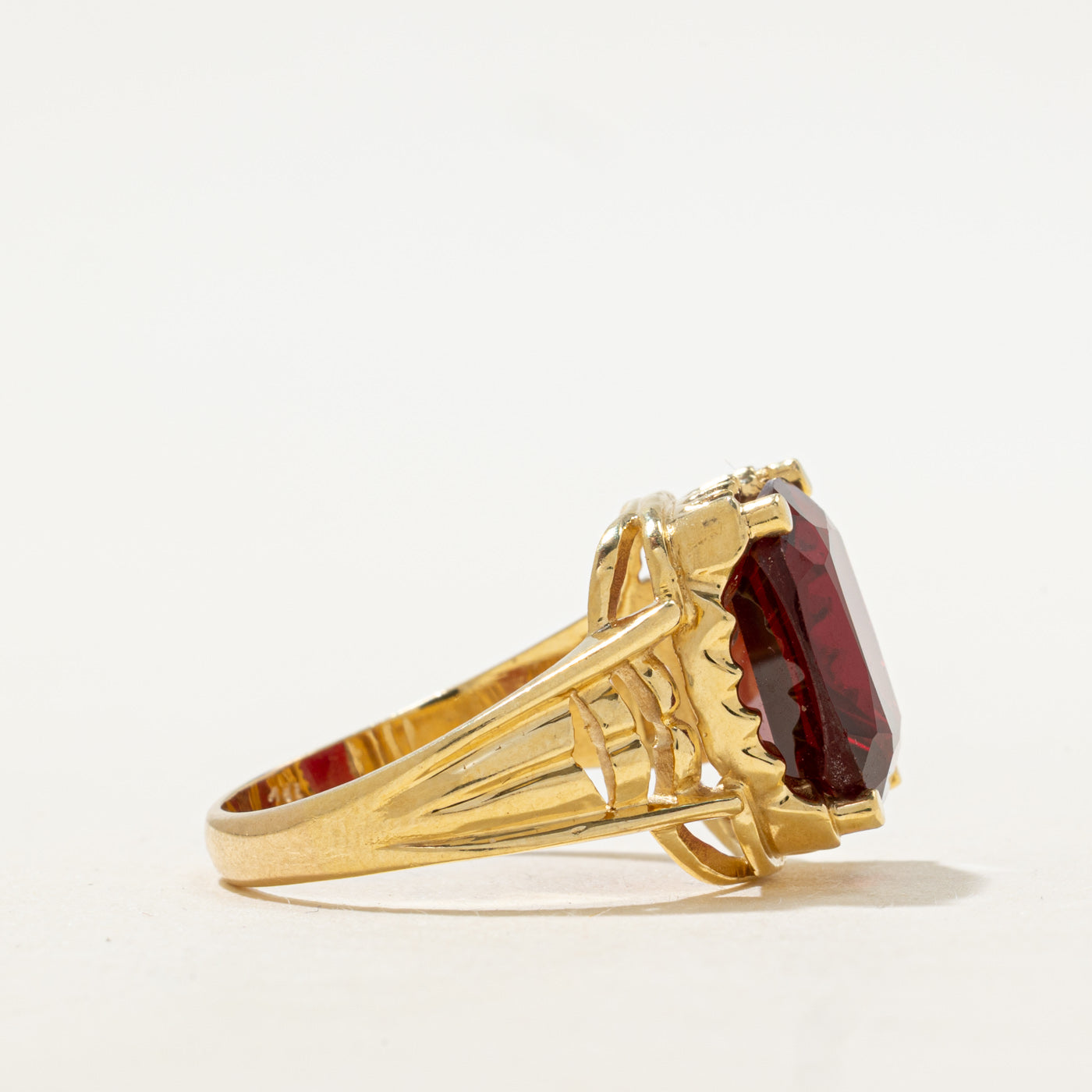 18k Radiant Cut Synthetic Ruby Grooved Cocktail Ring | 10.23ct | SZ 10