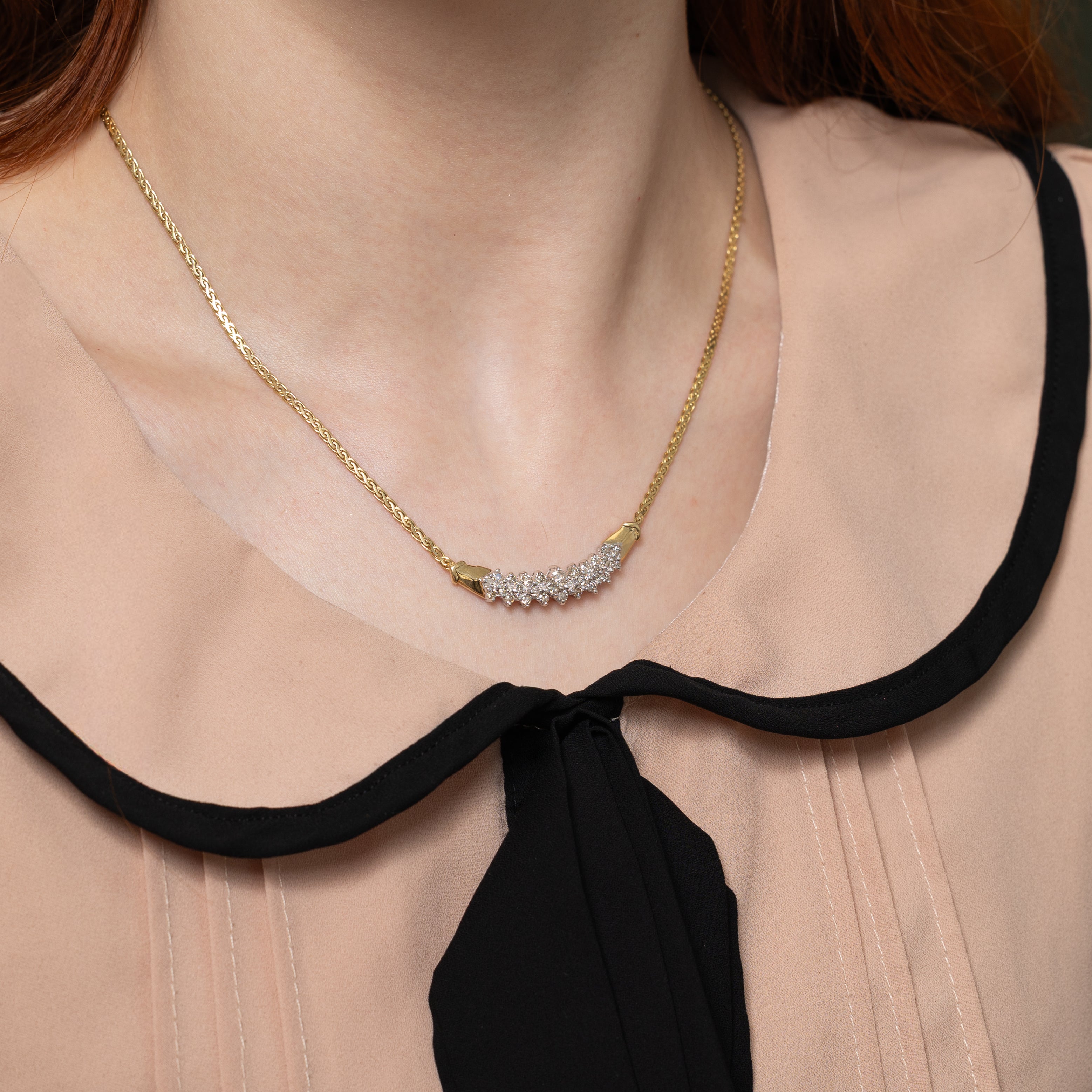 Yellow Gold Diamond Curved Bar Pendant Necklace | 1.00ctw | 17"