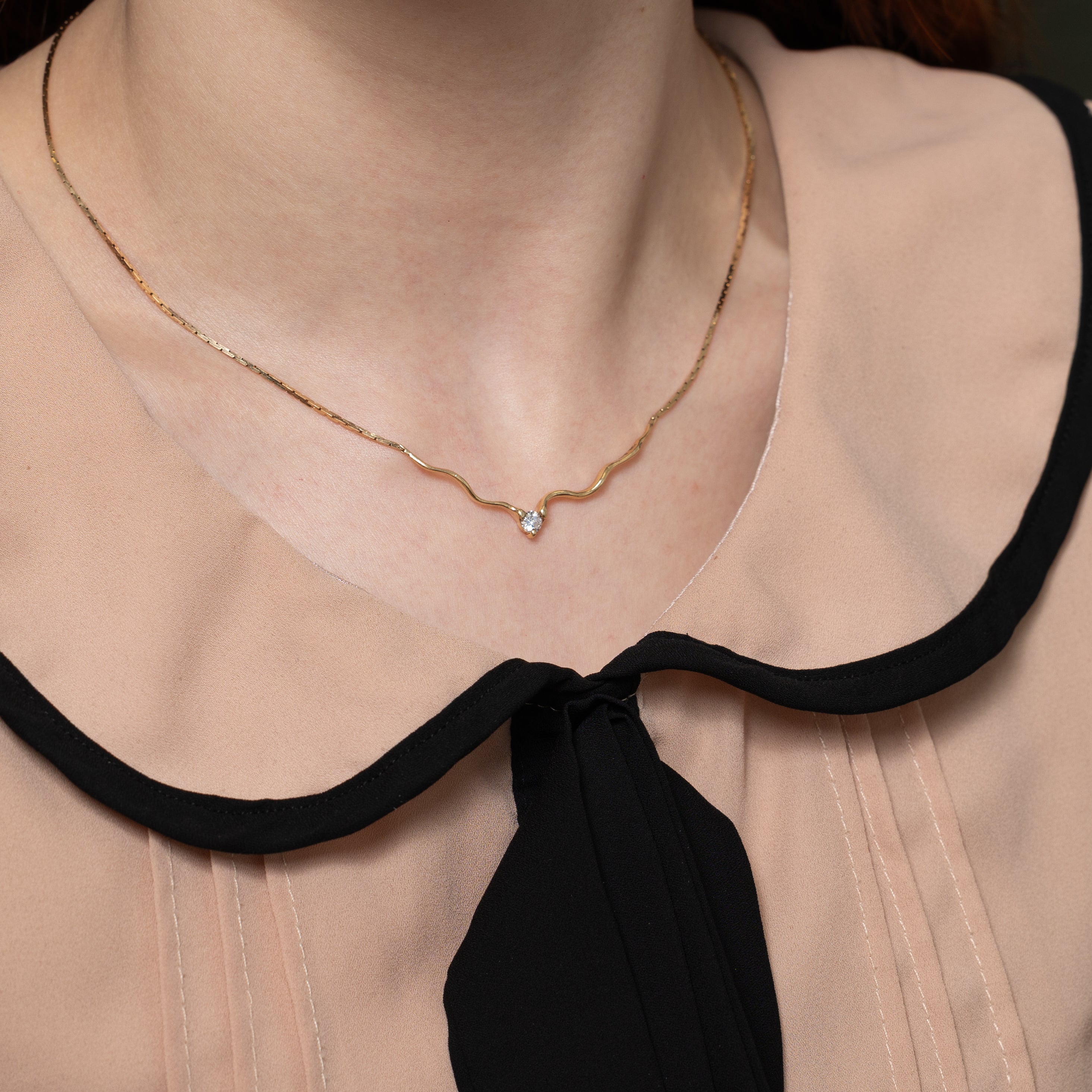 Yellow Gold Diamond Wavy Cobra Chain Necklace | 0.22ct | 16"