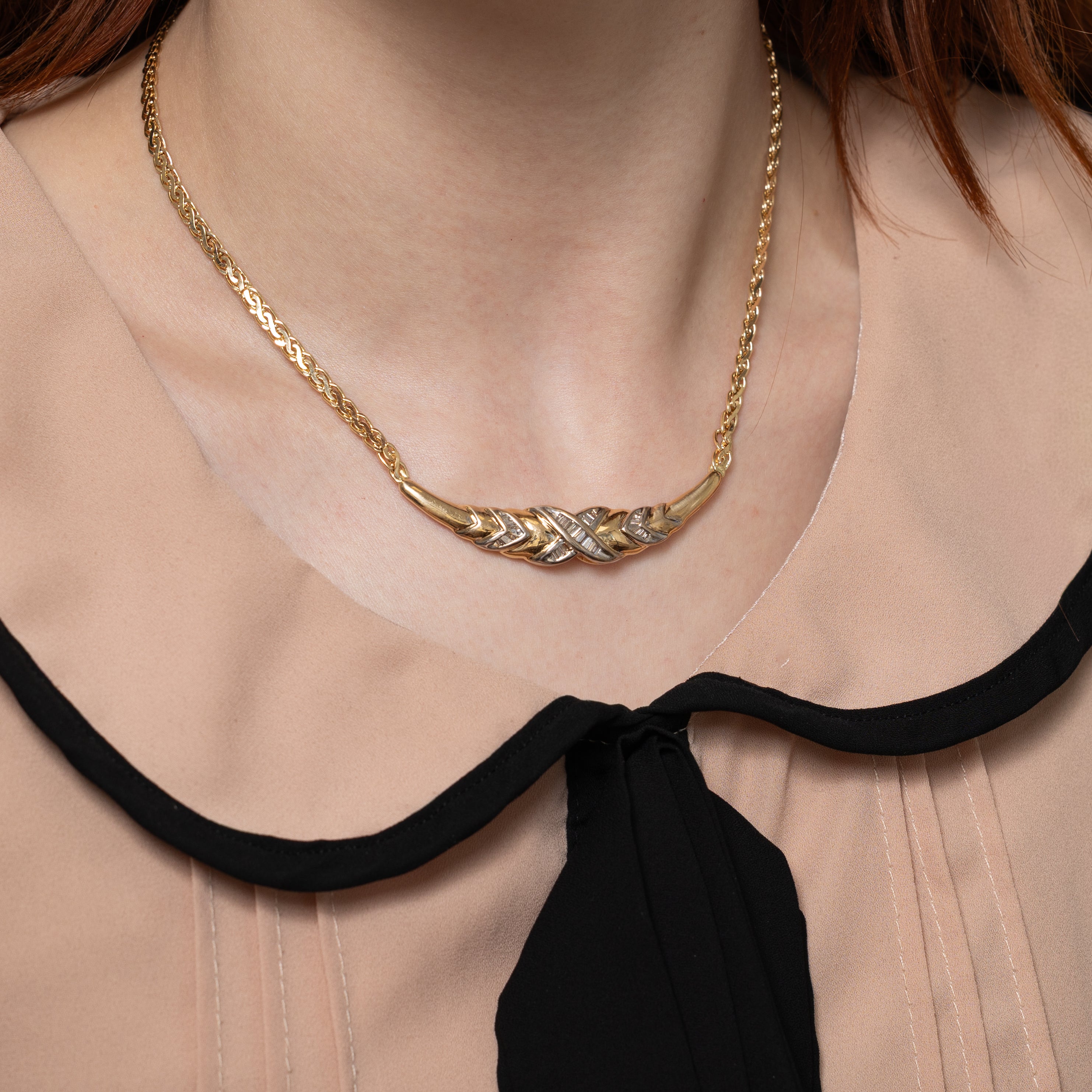 Baguette Cut Yellow Diamond X Design Necklace | 0.34ct | 15"