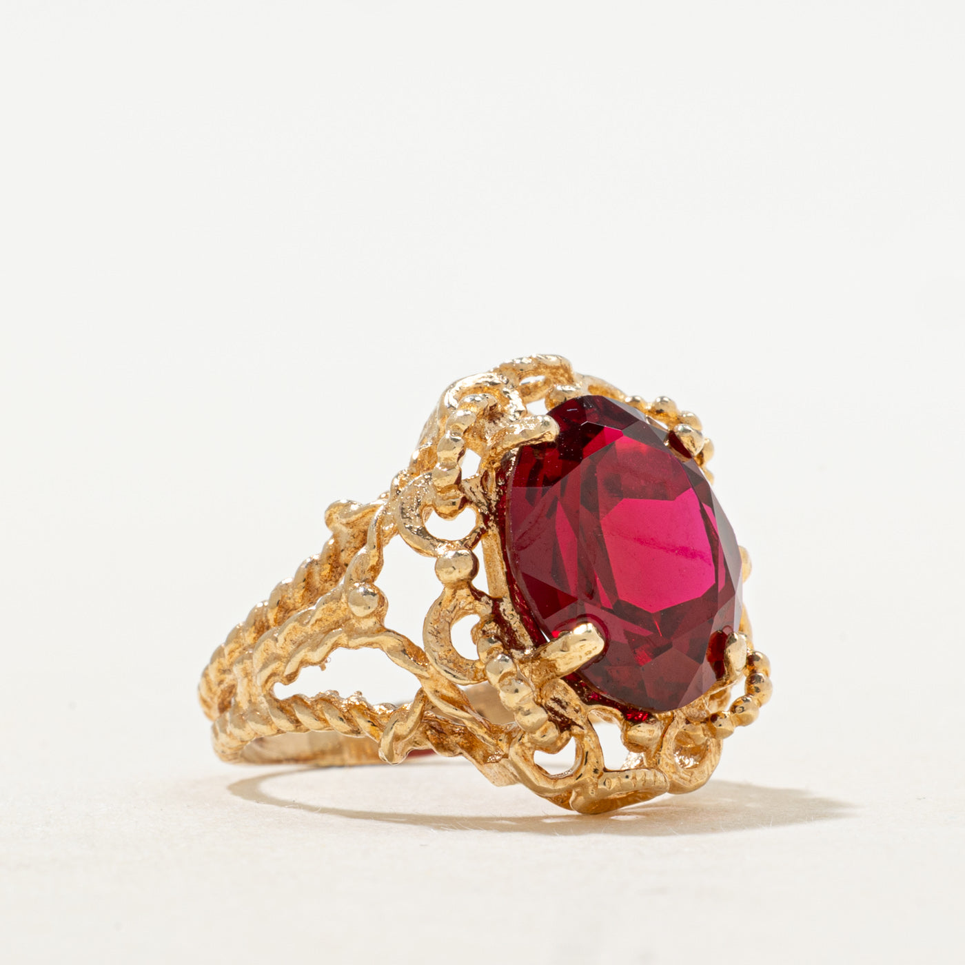 Synthetic Ruby Scrollwork & Openwork Ring | 4.67ct | SZ 3.25