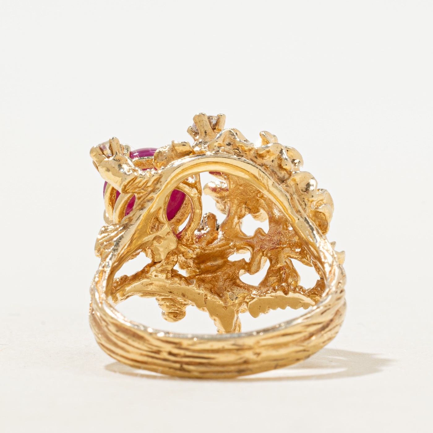 Synthetic Star Ruby & Diamond Floral Cocktail Ring | 2.00ct, 0.13ctw | SZ 5.25