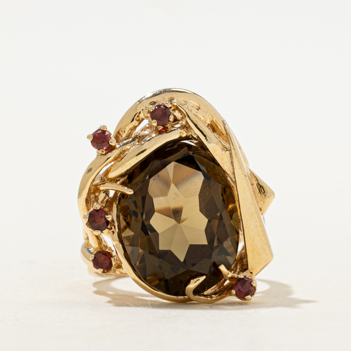 Smoky Quartz & Garnet Abstract Cocktail Ring | 8.61ct, 0.30ctw | SZ 7.