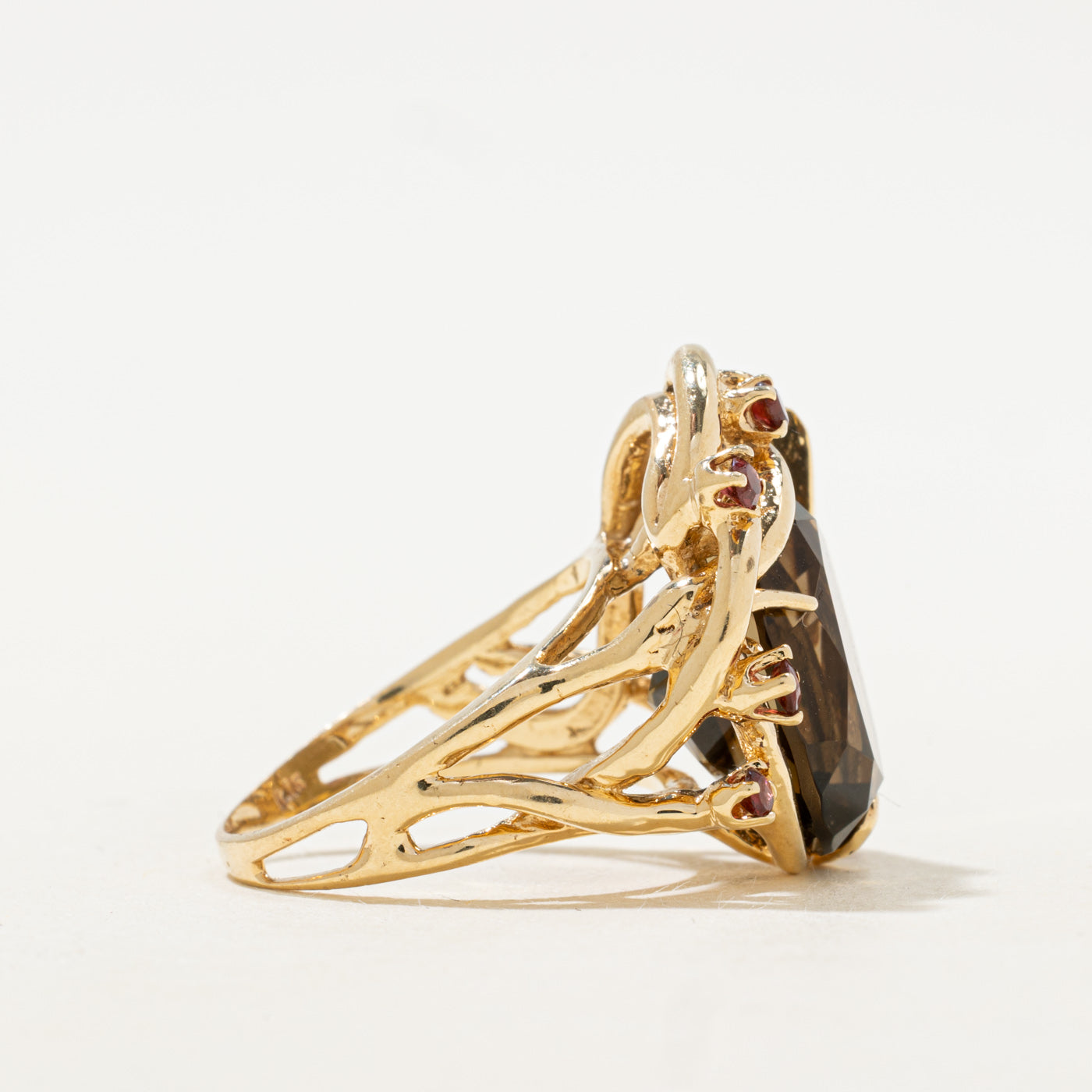 Smoky Quartz & Garnet Abstract Cocktail Ring | 8.61ct, 0.30ctw | SZ 7.25