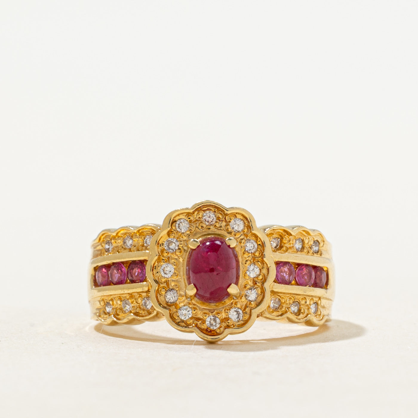 18k Ruby & Diamond Scalloped Halo Ring | 0.88ctw, 0.12ctw | SZ 6