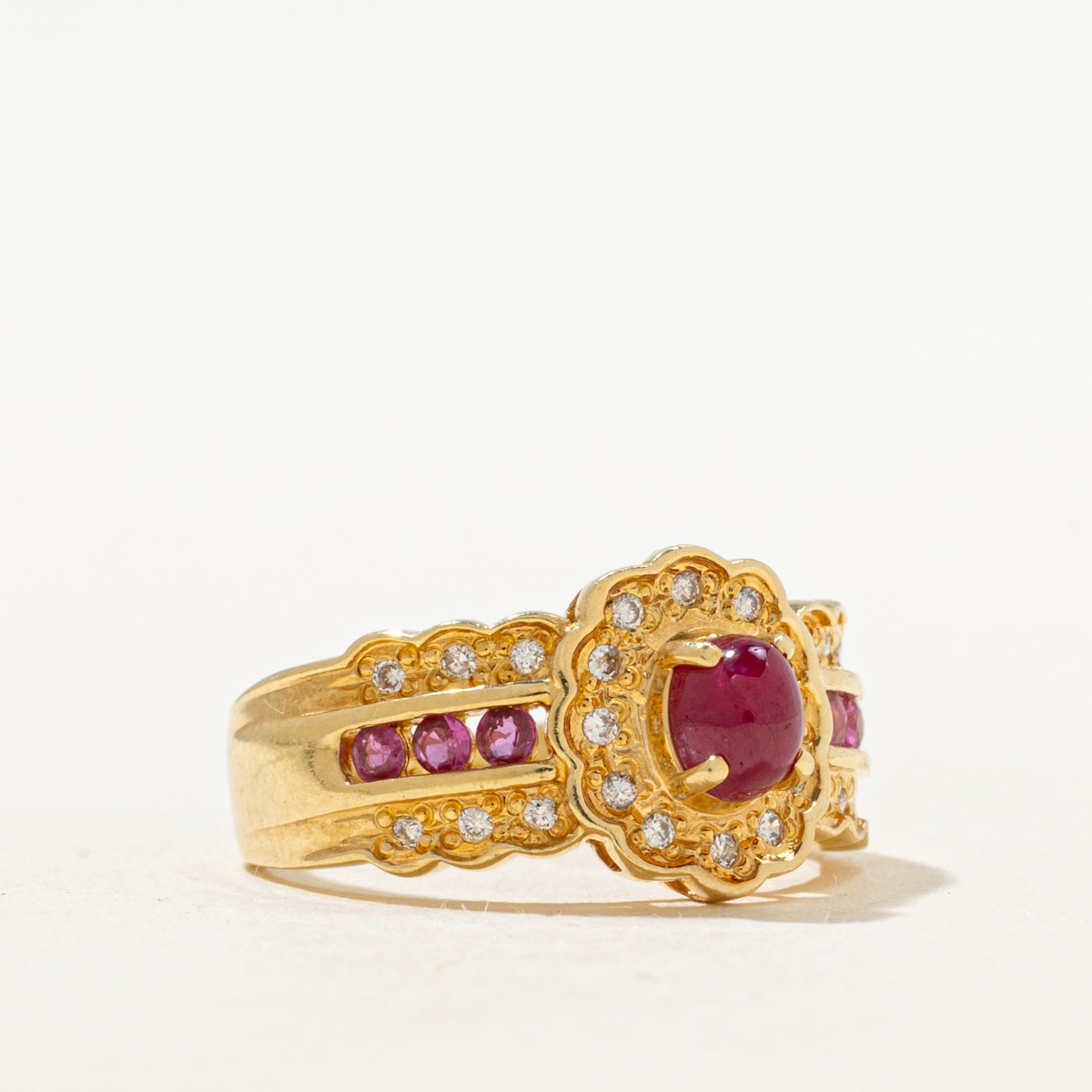 18k Ruby & Diamond Scalloped Halo Ring | 0.88ctw, 0.12ctw | SZ 6