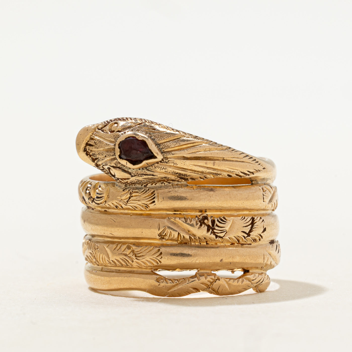 18k Garnet Engraved Snake Wrap Ring | 0.12ct | SZ 9.5