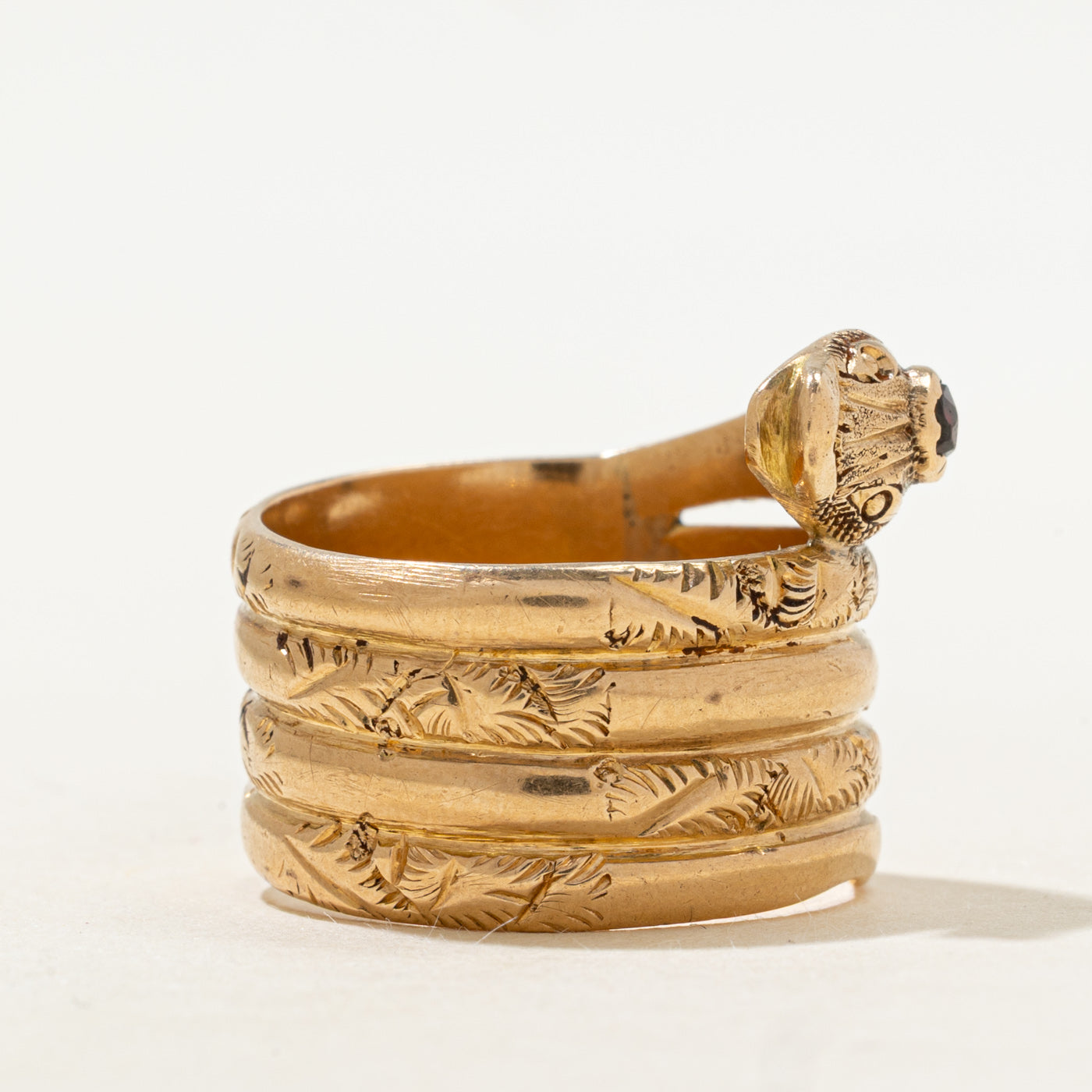 18k Garnet Engraved Snake Wrap Ring | 0.12ct | SZ 9.5