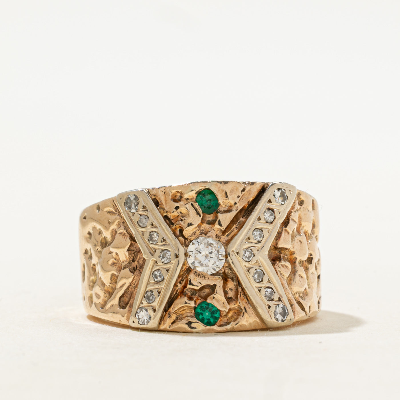 Synthetic Emerald & Natural Diamond Nuggety Cocktail Ring | 0.08ctw, 0.33ctw | SZ 10.25