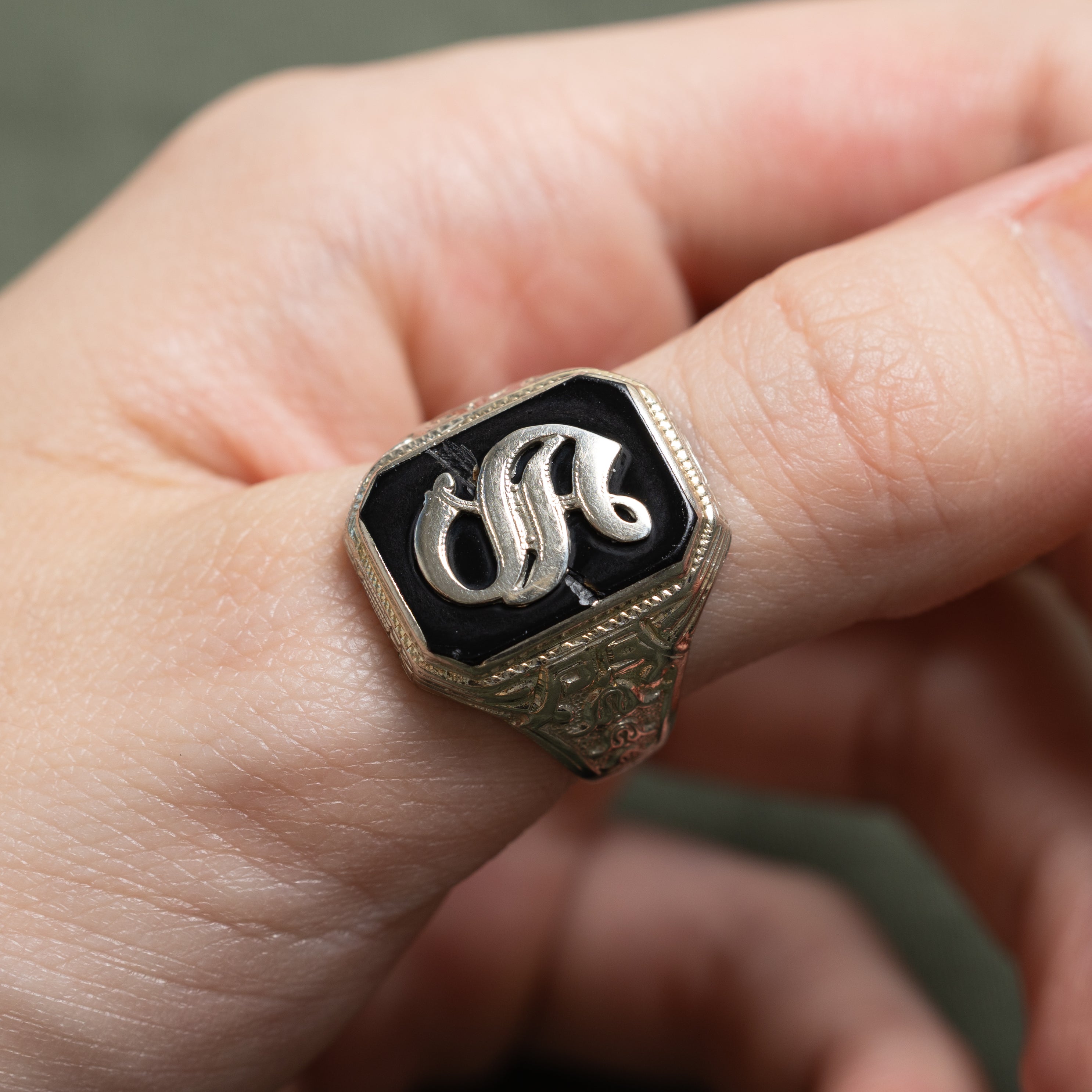White Gold Onyx "S" Embossed Initial Signet Ring | SZ 8