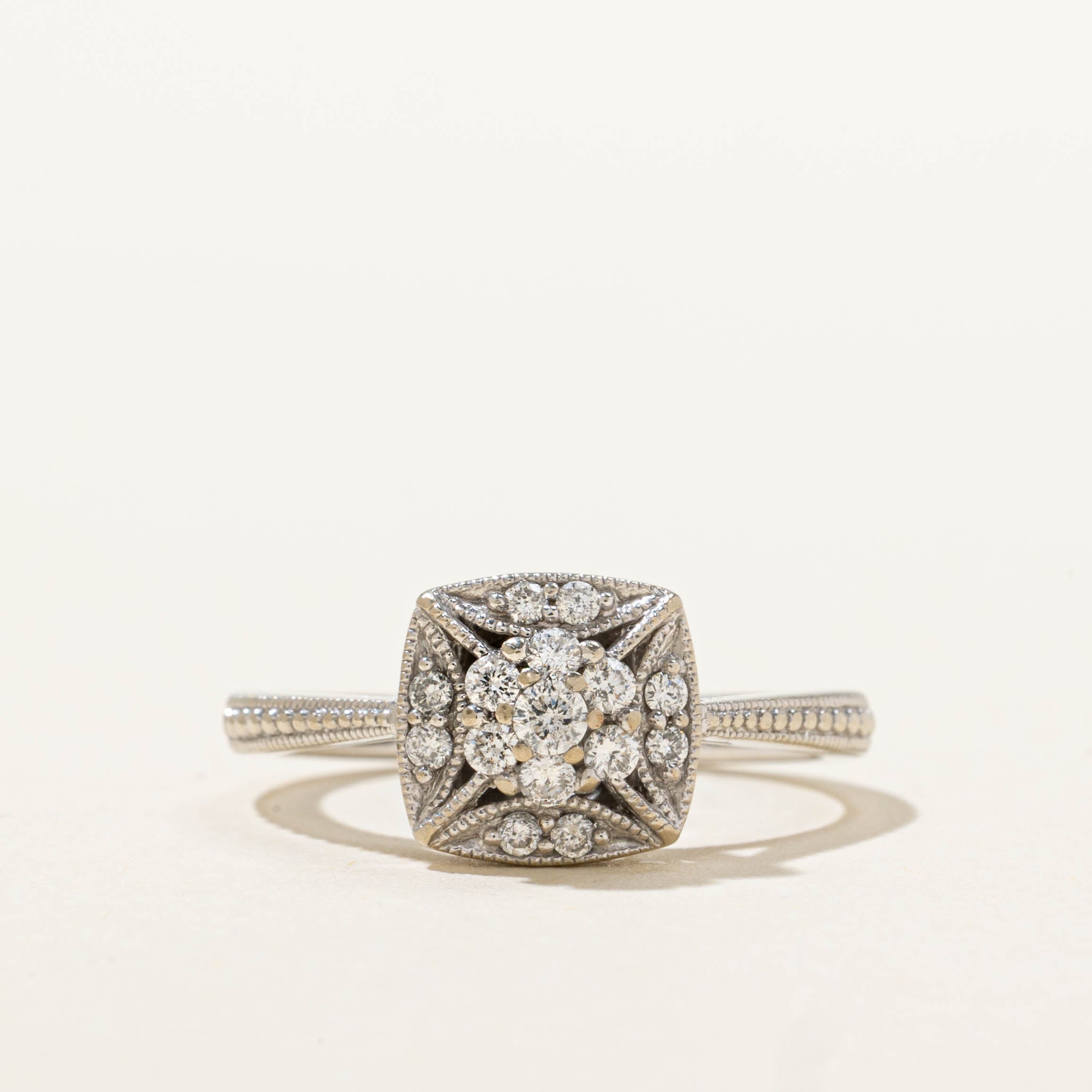 10k White Gold Diamond Cluster Milgrain Ring | SZ 4.5