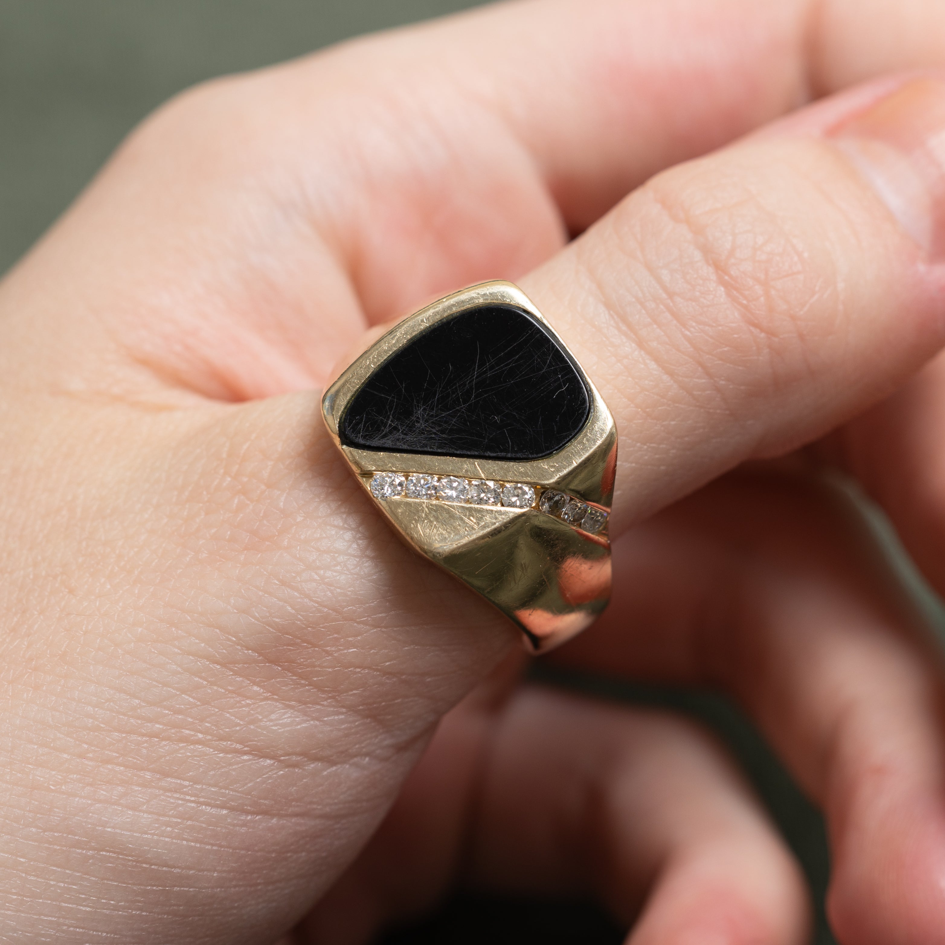 Flush Set Onyx & Diagonal Diamond Signet Ring | 0.21ctw | SZ 10.75