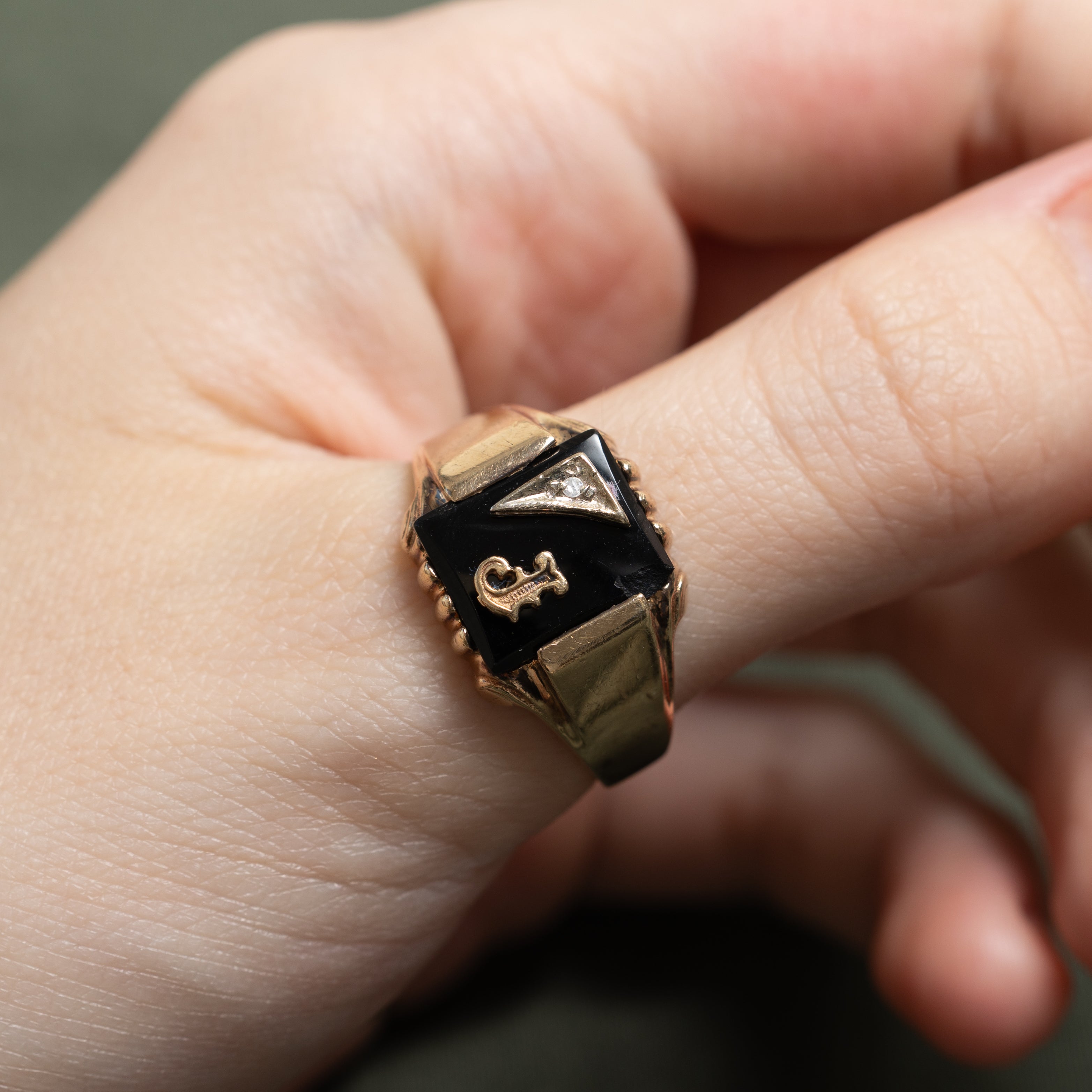 Onyx & Diamond "J" Initial Signet Ring | 0.003ct | SZ 11.75