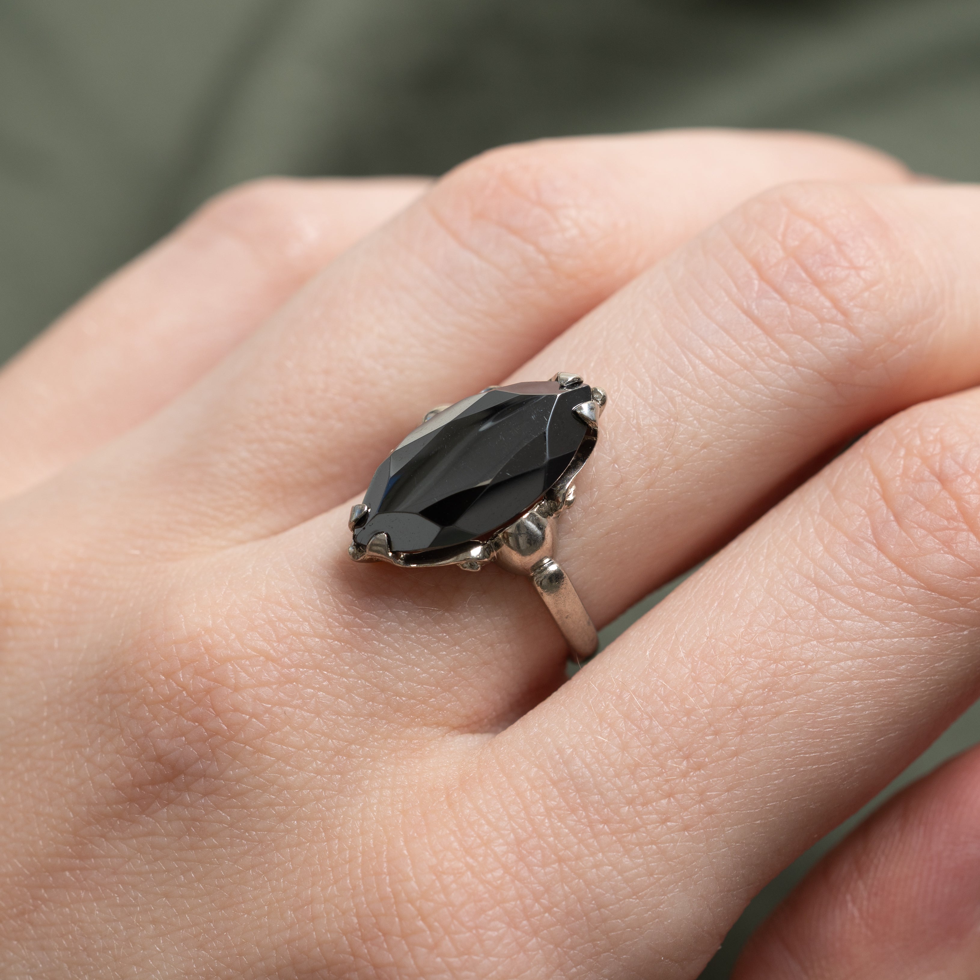 Vintage Canadian White Gold Hematite Navette Ring | SZ 6