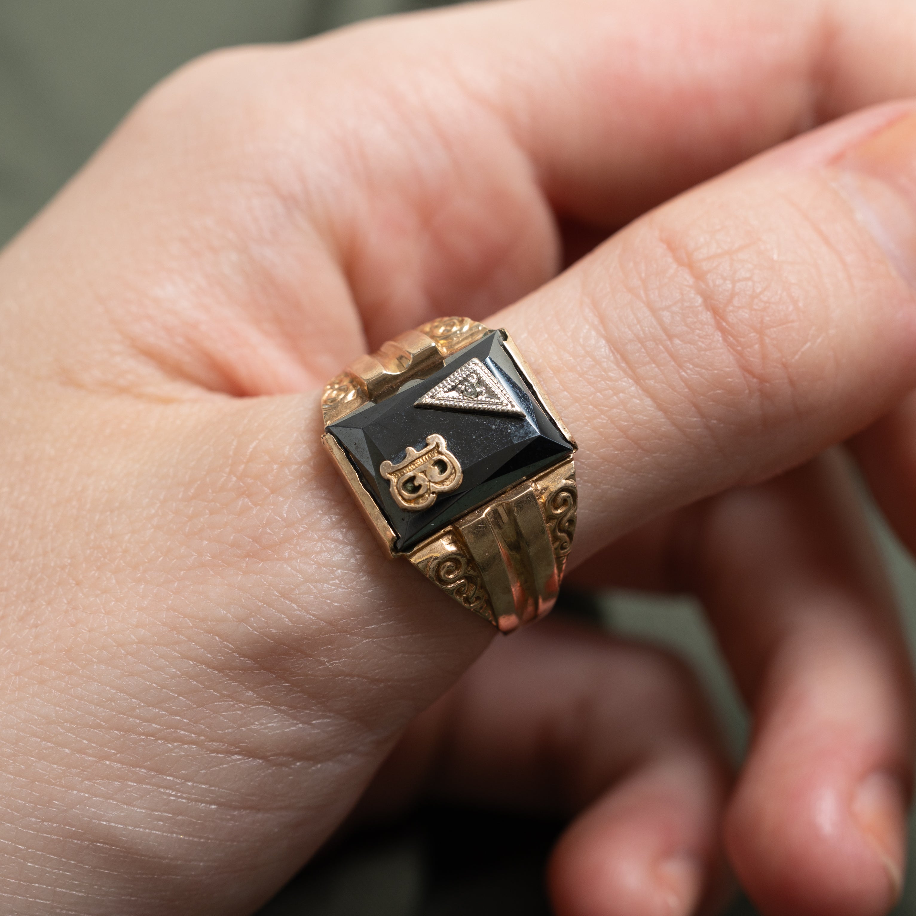 Hematite & Diamond "B" Initial Signet Ring | 0.005ct | SZ 9.5