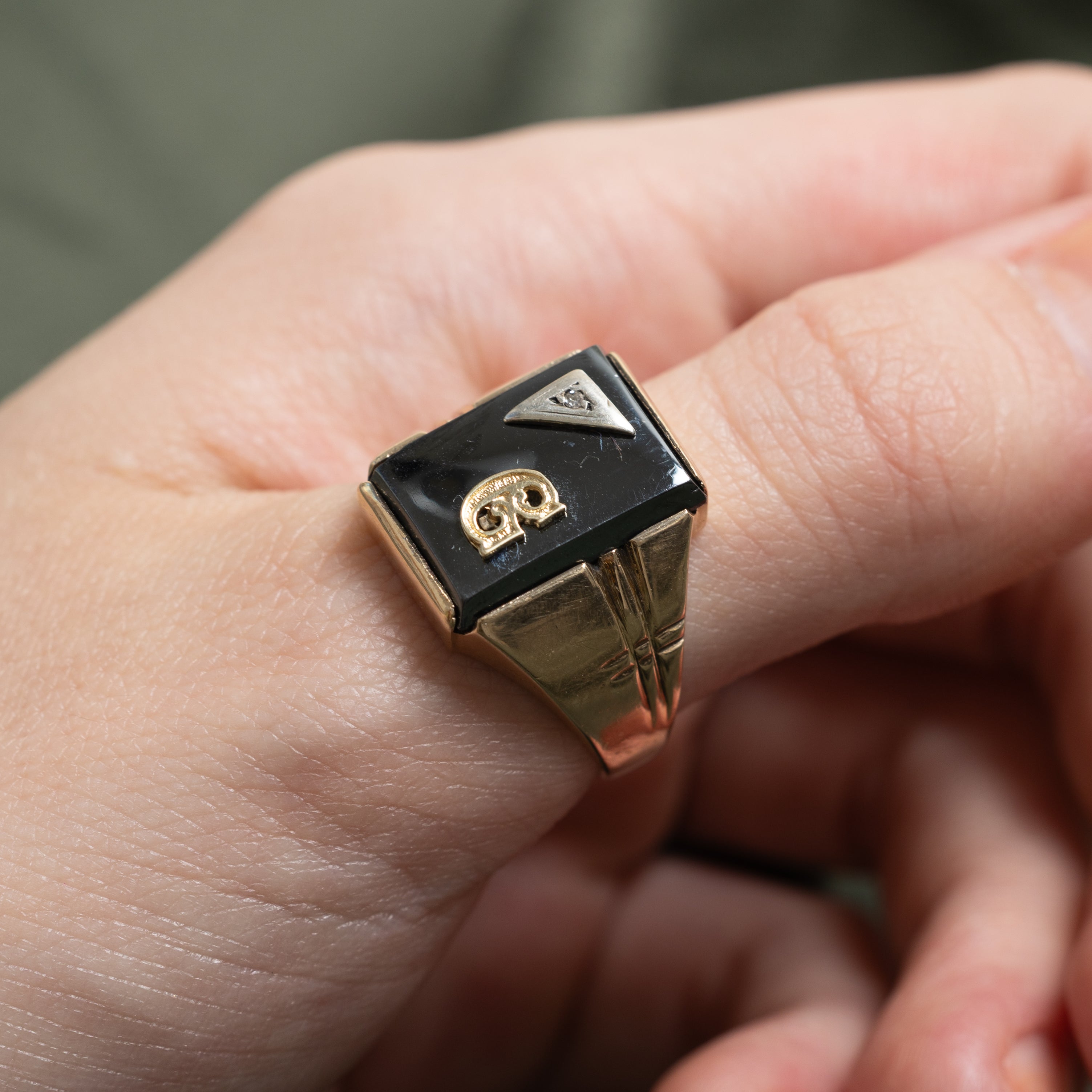 Hematite & Diamond "G" Initial Signet Ring | 0.002ct | SZ 9.5