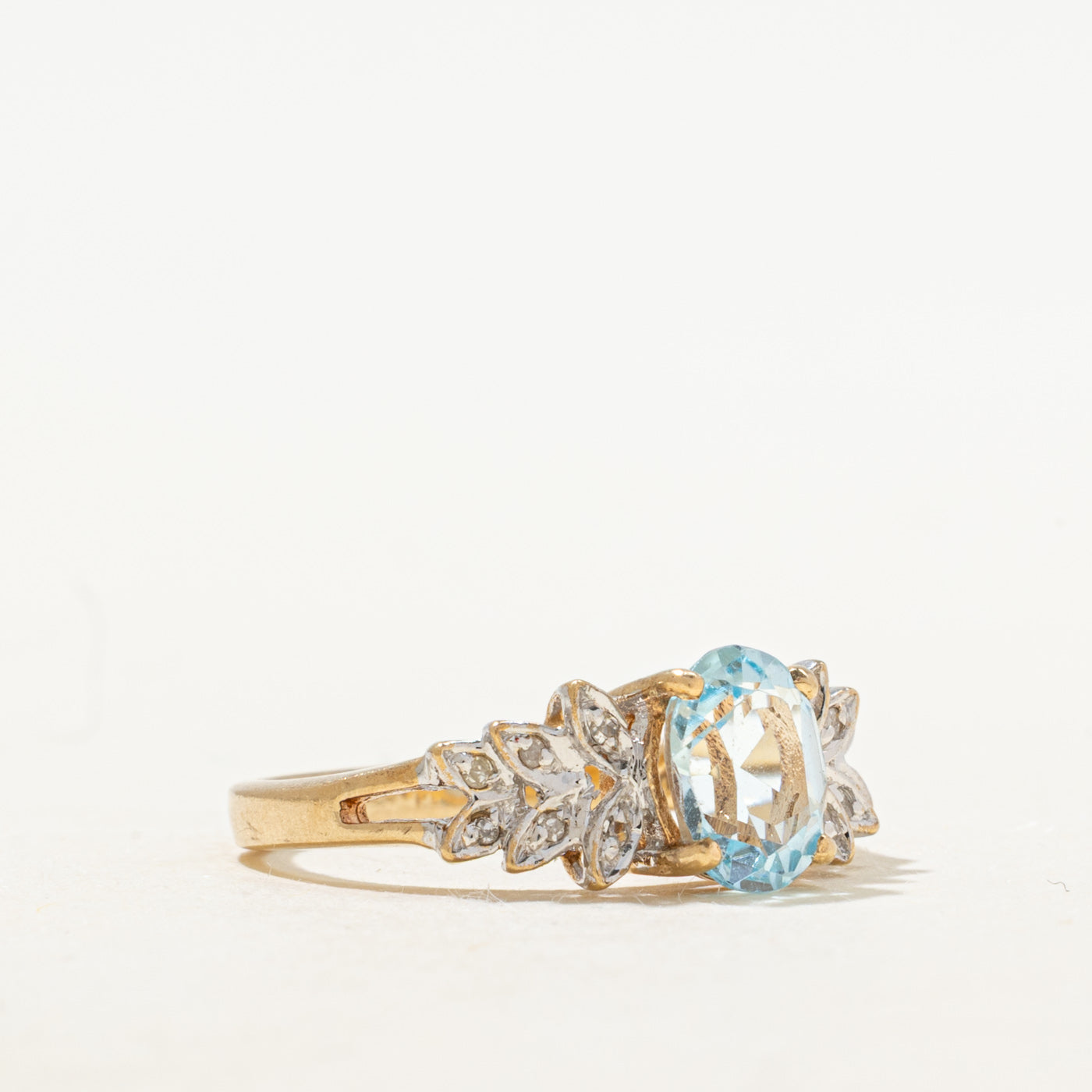 Blue Topaz & Diamond Leaf Accented Ring | 1.35ct, 0.02ctw | SZ 6