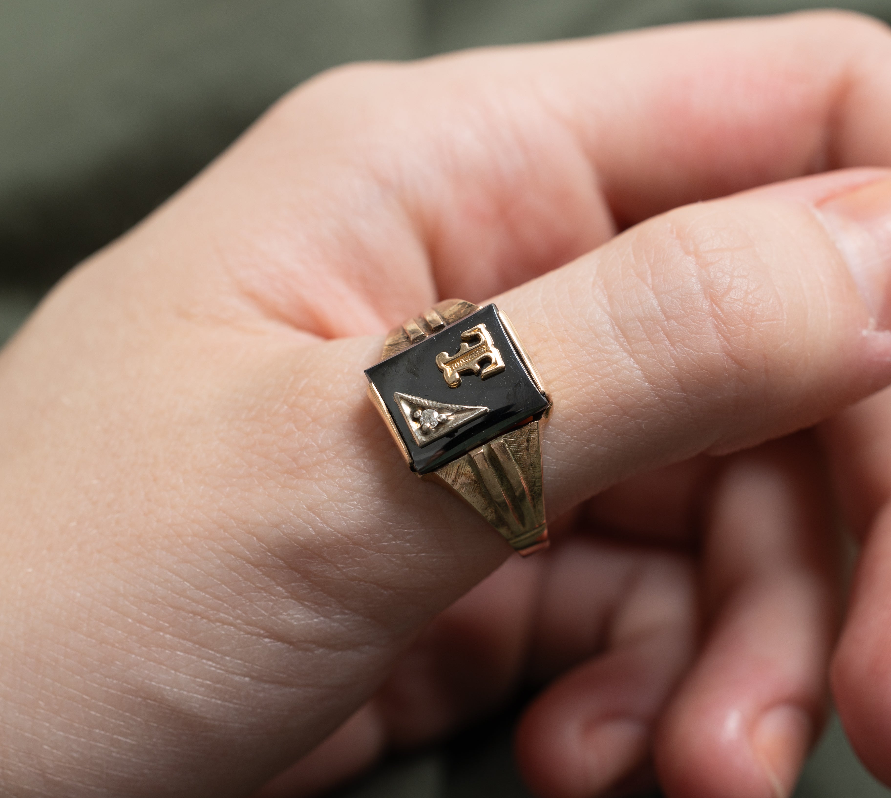 Hematite & Diamond "T" Initial Signet Ring | 0.01ct | SZ 11