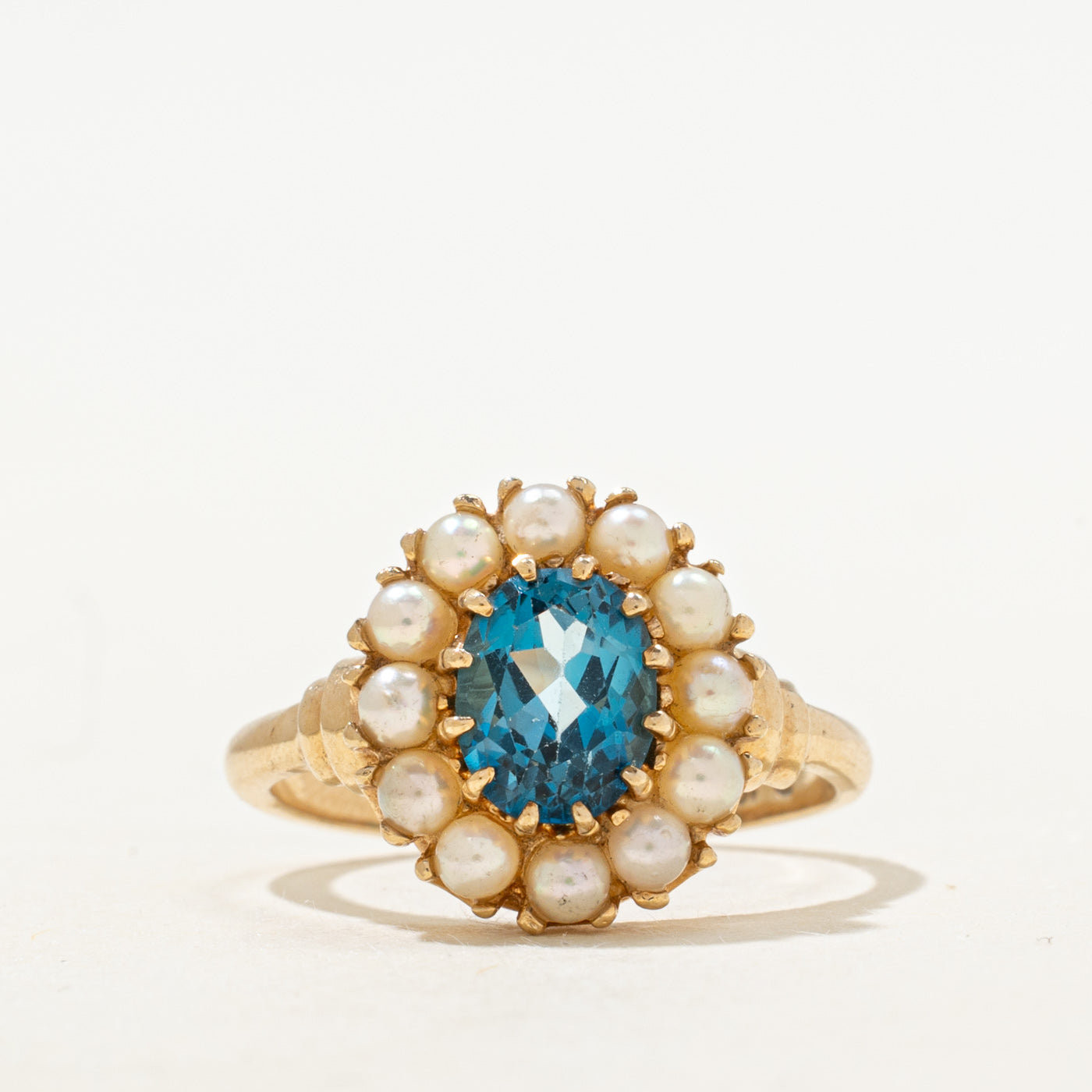 Blue Topaz & Cultured Pearl Halo Ring | 1.31ct | SZ 7.75