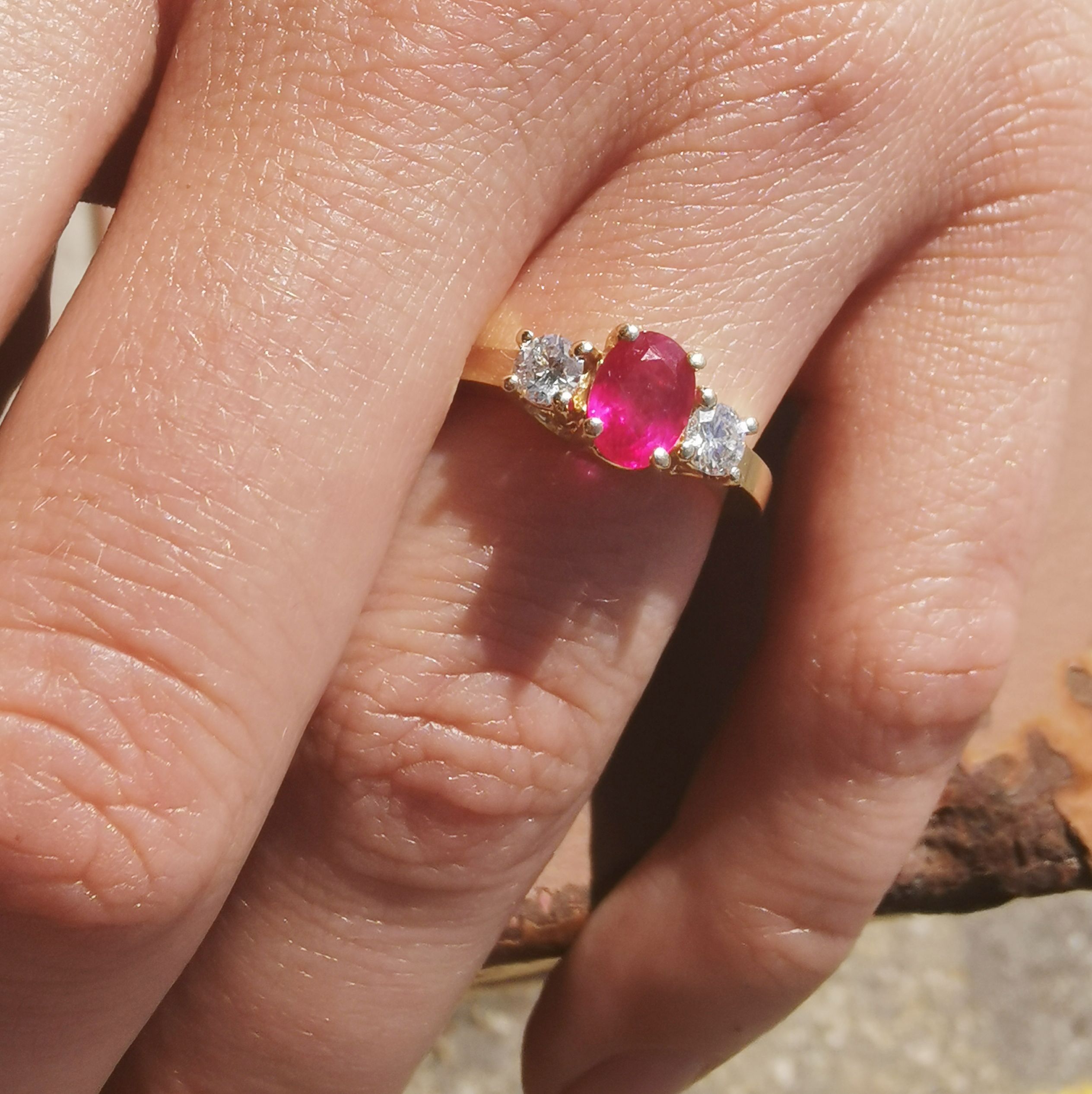 Oval Glass-filled Ruby & Diamond Three Stone Ring | 1.15ct, 0.36ctw | SZ 7 |