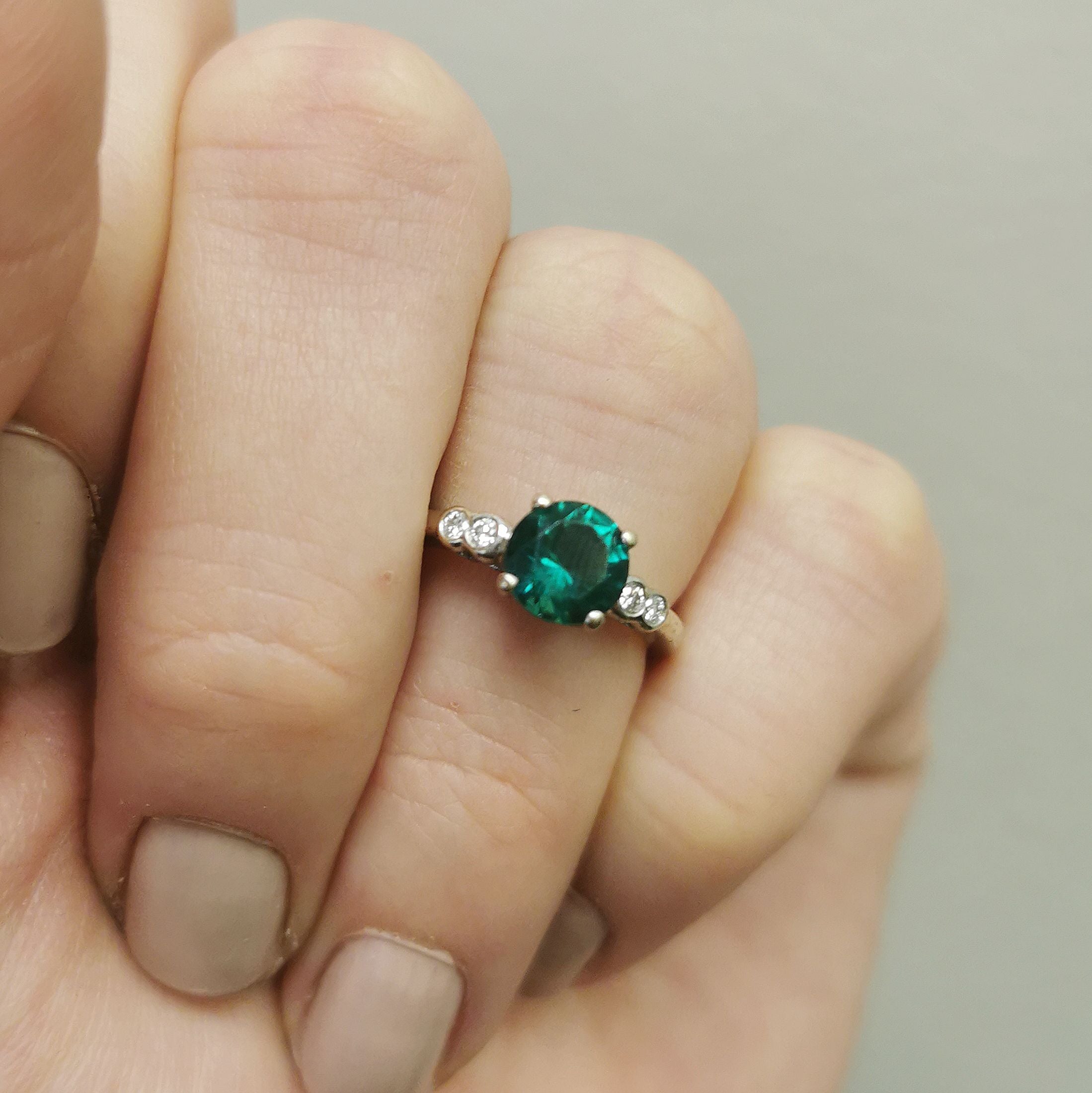 Synthetic Emerald & Diamond Five Stone Ring | 0.08 ctw, 1.05 ct | SZ 4 |
