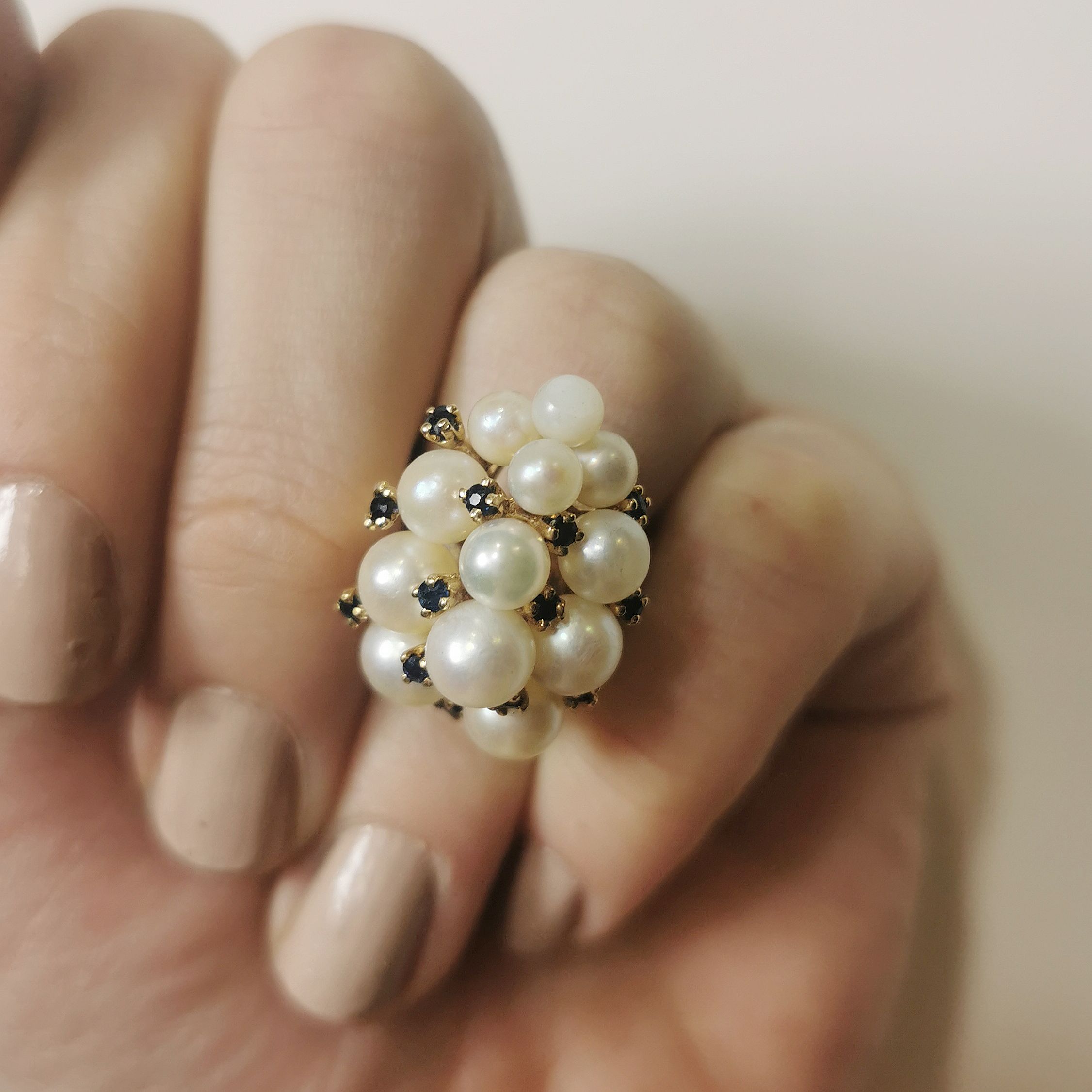 Cluster Pearl & Sapphire Cocktail Ring | 15.00ctw, 0.65ctw | SZ 5.25 |