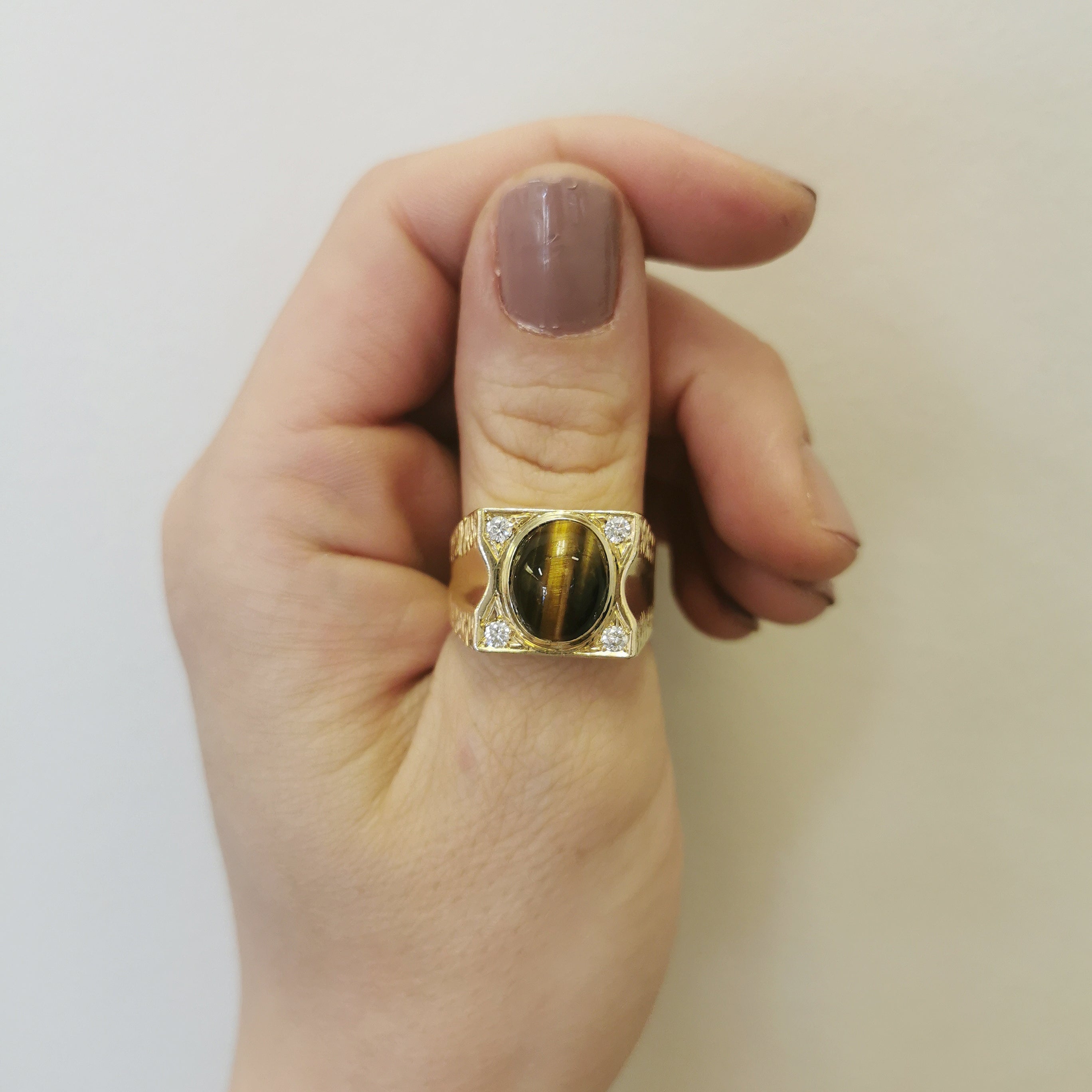 Tiger's Eye & Diamond Signet Ring | 4.00ct, 0.22ctw | SZ 10.5 |
