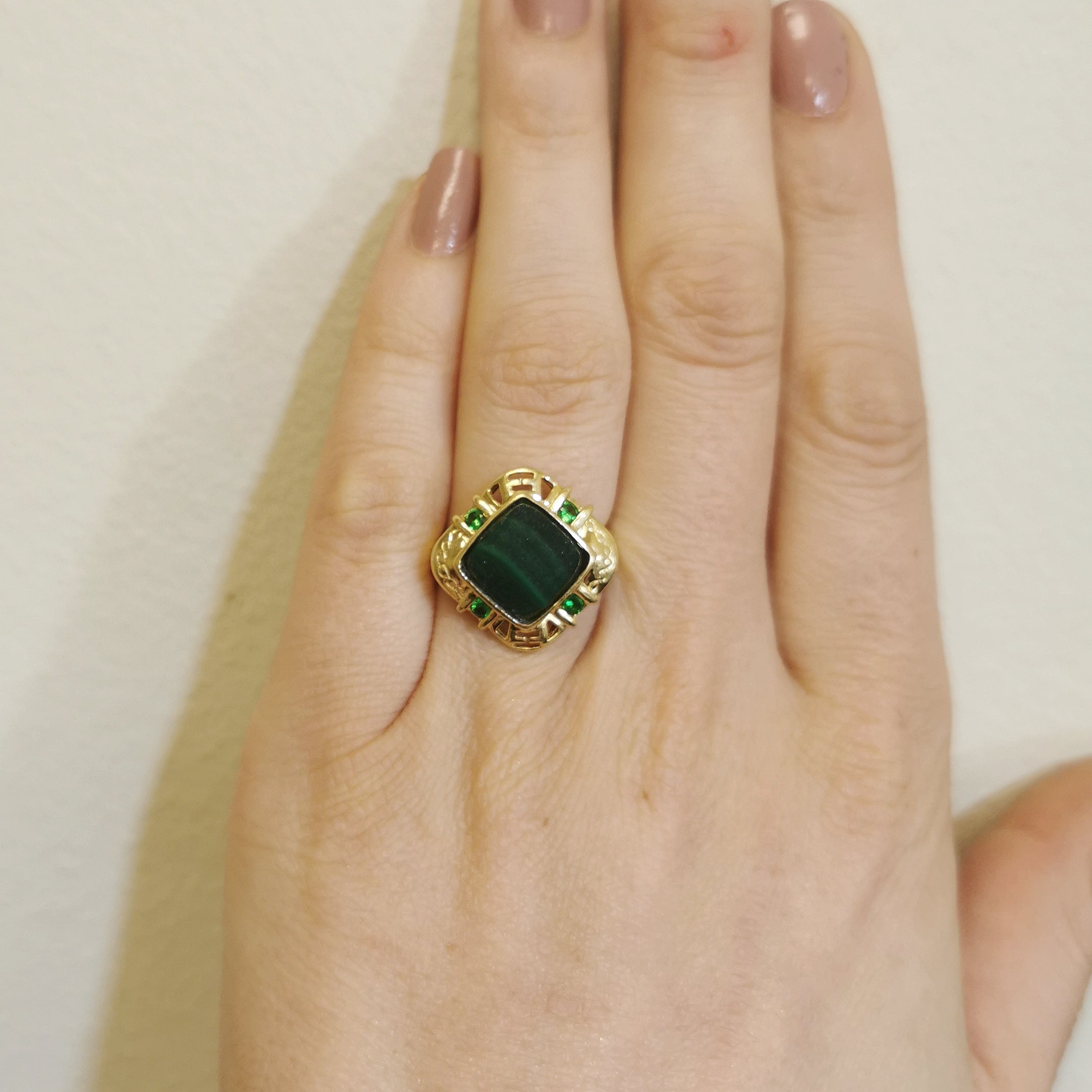 Malachite & Tsavorite Garnet Cocktail Ring | 6.00ct, 0.16ctw | SZ 6.75 |