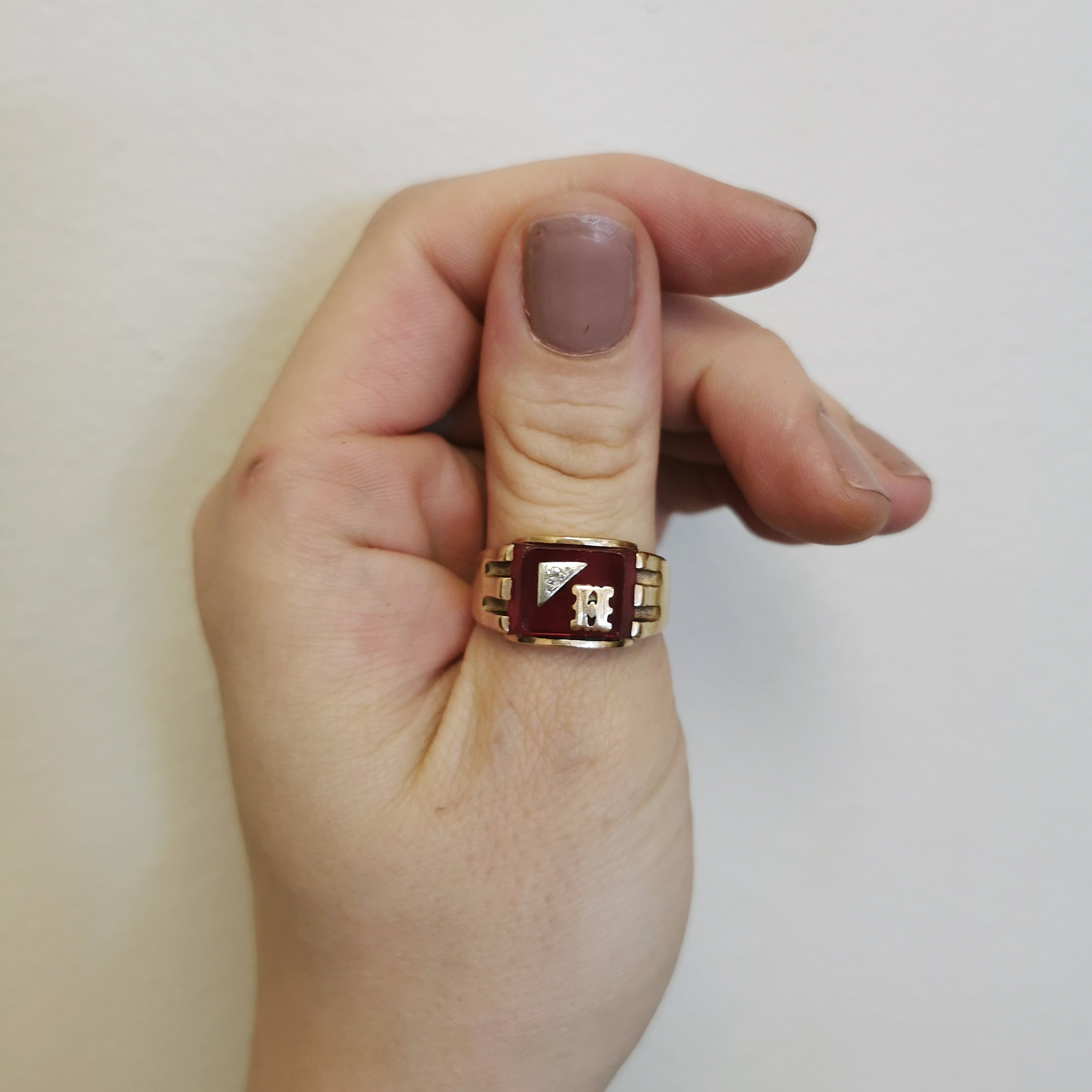 H' Initial Synthetic Ruby & Diamond Signet Ring | 7.50ct, 0.02ct | SZ 10 |