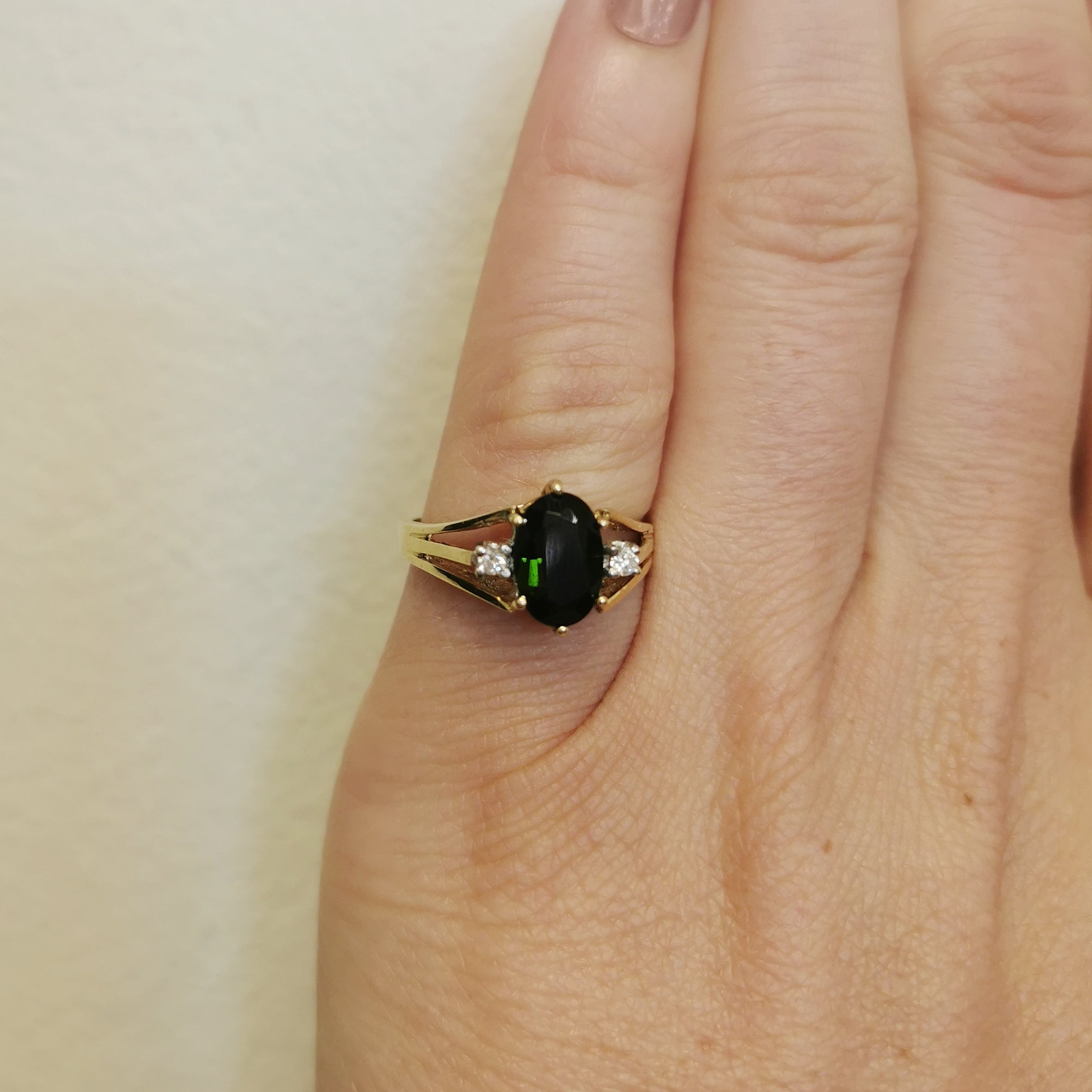 Green Tourmaline & Diamond Three Stone Ring | 1.40ct, 0.06ctw | SZ 6 |