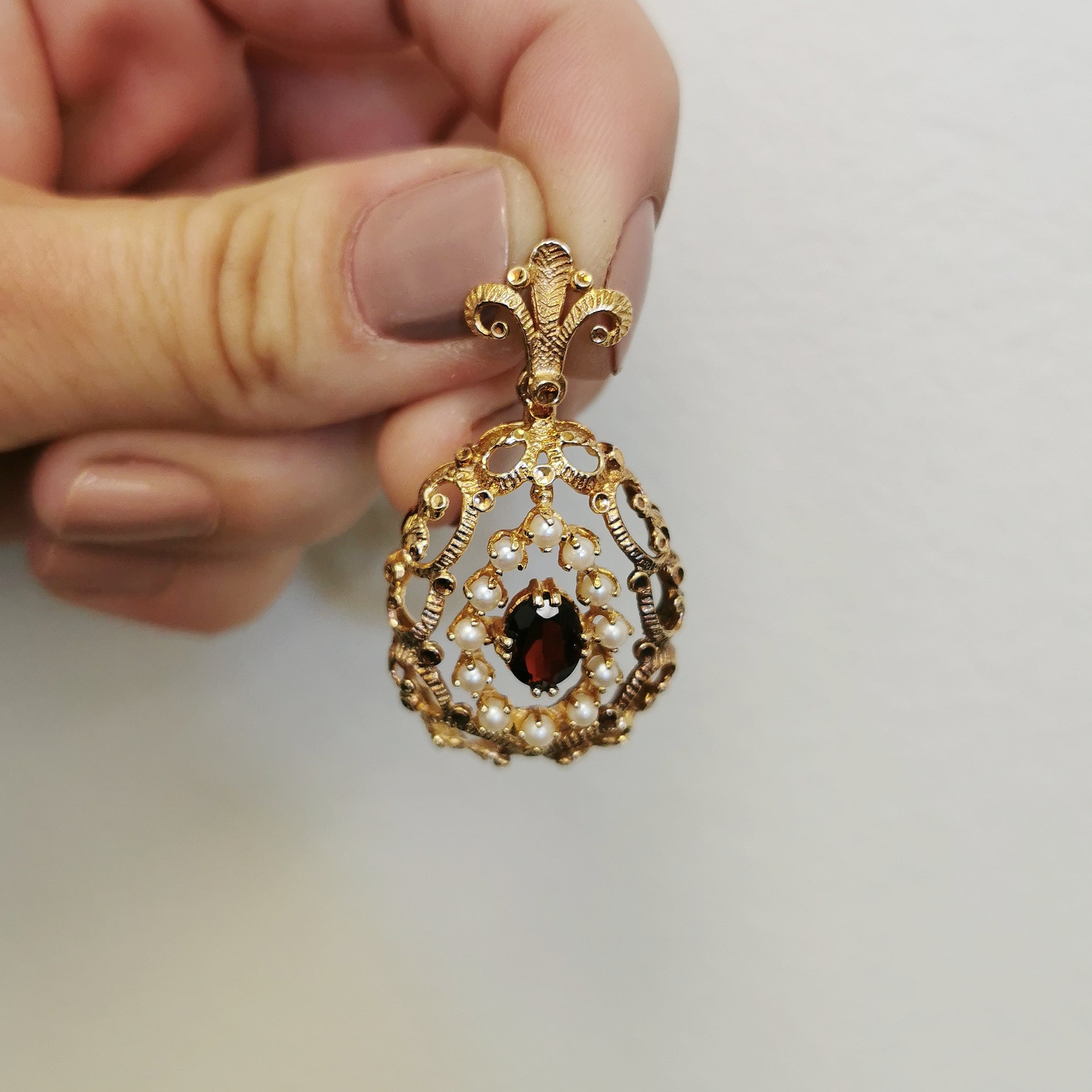 Mid Century Garnet & Seed Pearl Pendant | 1.50ct, 1.20ctw |