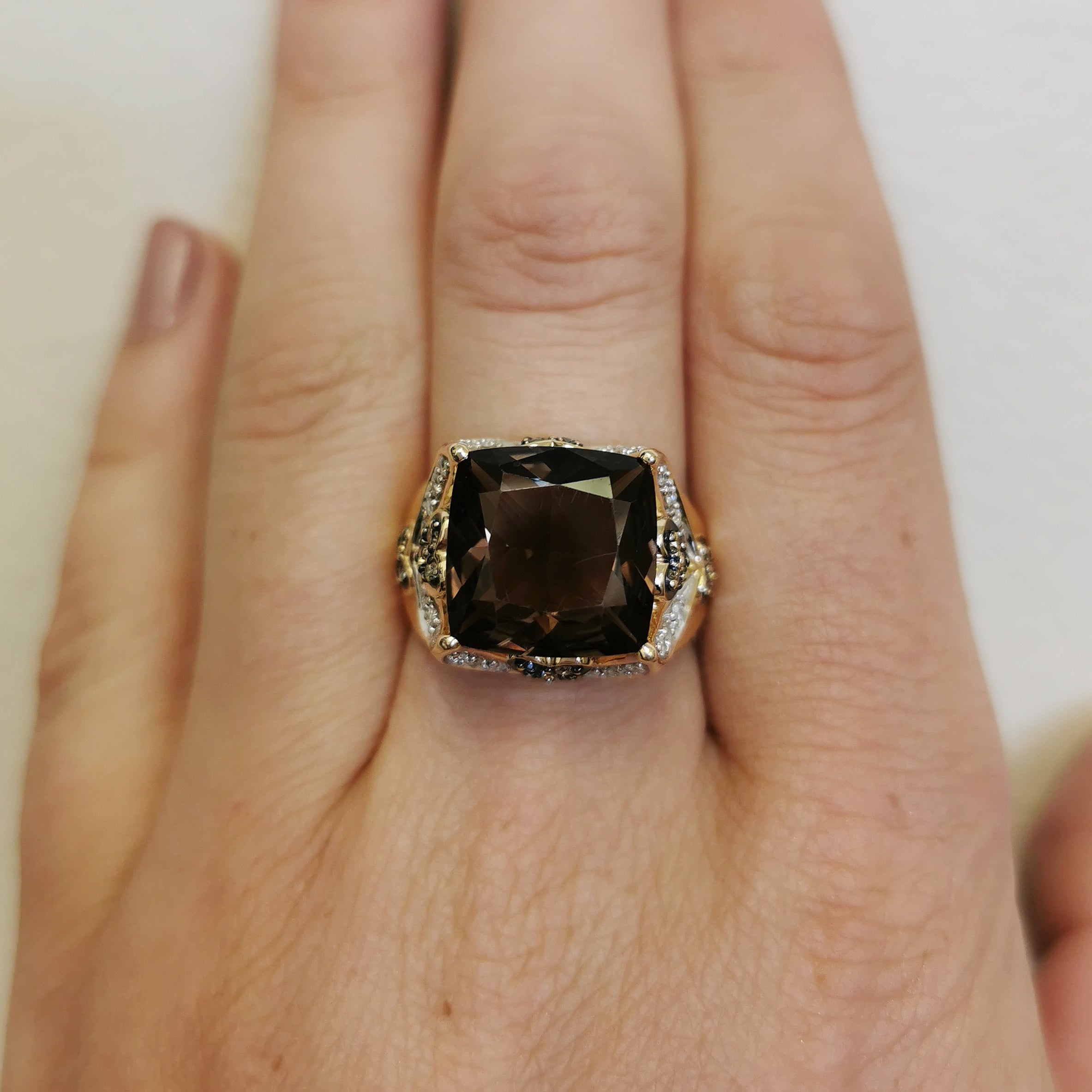 Heart Detailed Smoky Quartz & Diamond Ring | 8.00ct, 0.44ctw | SZ 9 |