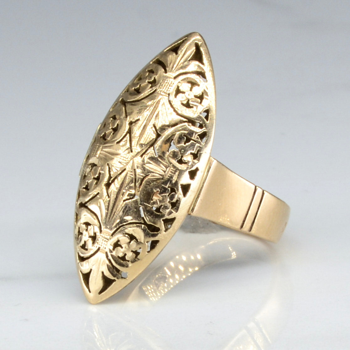 Vintage Warsaw Ornate Gold Navette Dome Ring | SZ 7.5 |