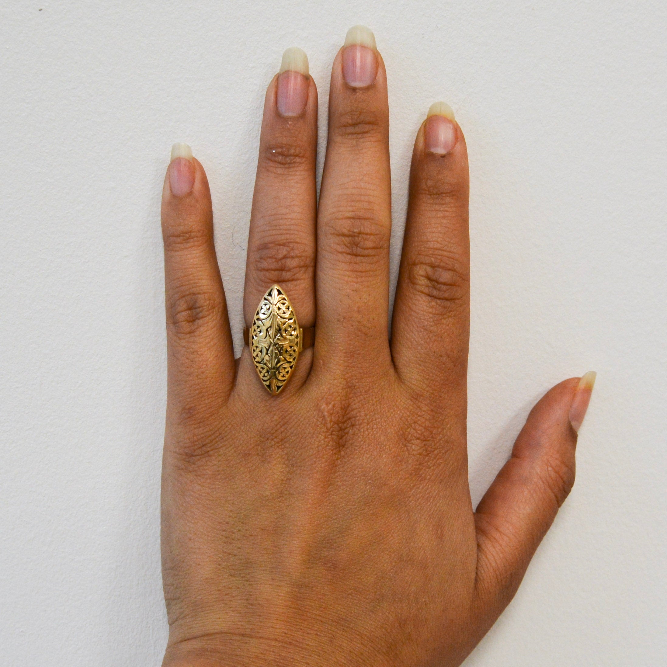 Vintage Warsaw Ornate Gold Navette Dome Ring | SZ 7.5 |