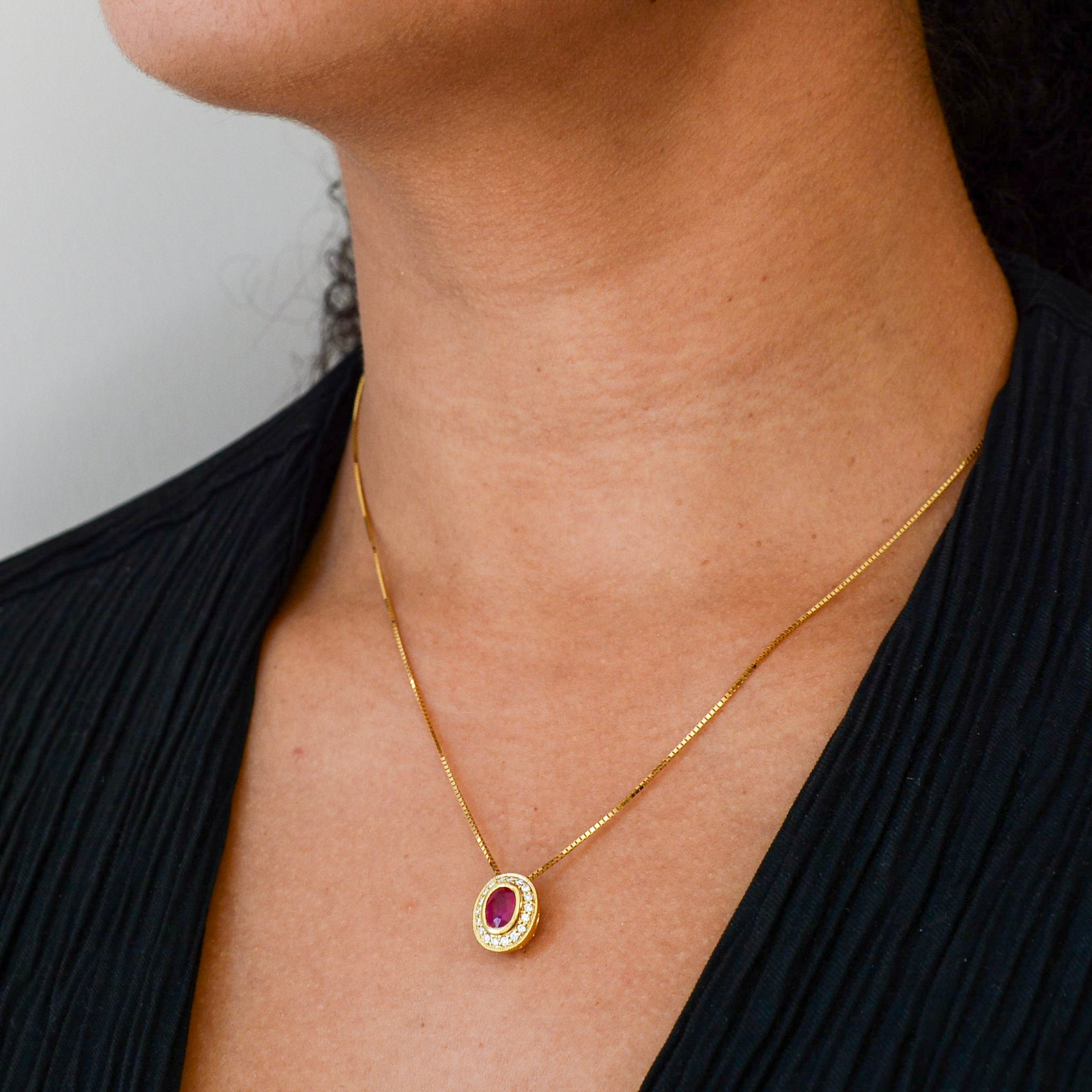 18k Yellow Gold Ruby & Diamond Halo Set | 1.96ctw, 0.47ctw | 18" |
