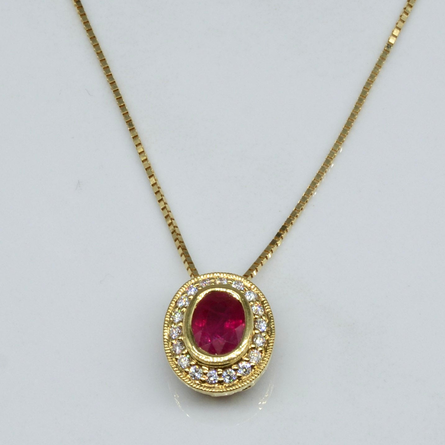 18k Yellow Gold Ruby & Diamond Halo Set | 1.96ctw, 0.47ctw | 18" |