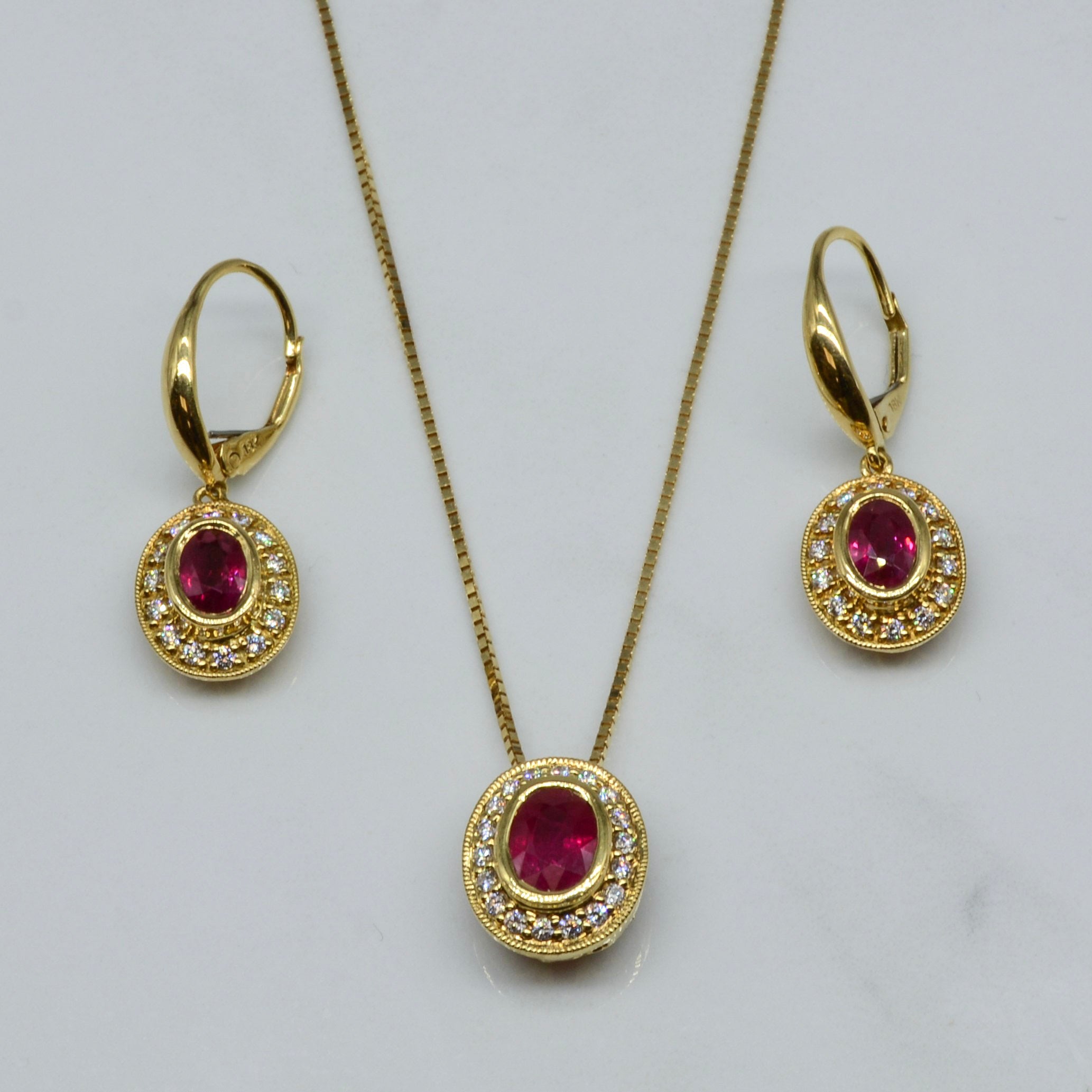 18k Yellow Gold Ruby & Diamond Halo Set | 1.96ctw, 0.47ctw | 18" |