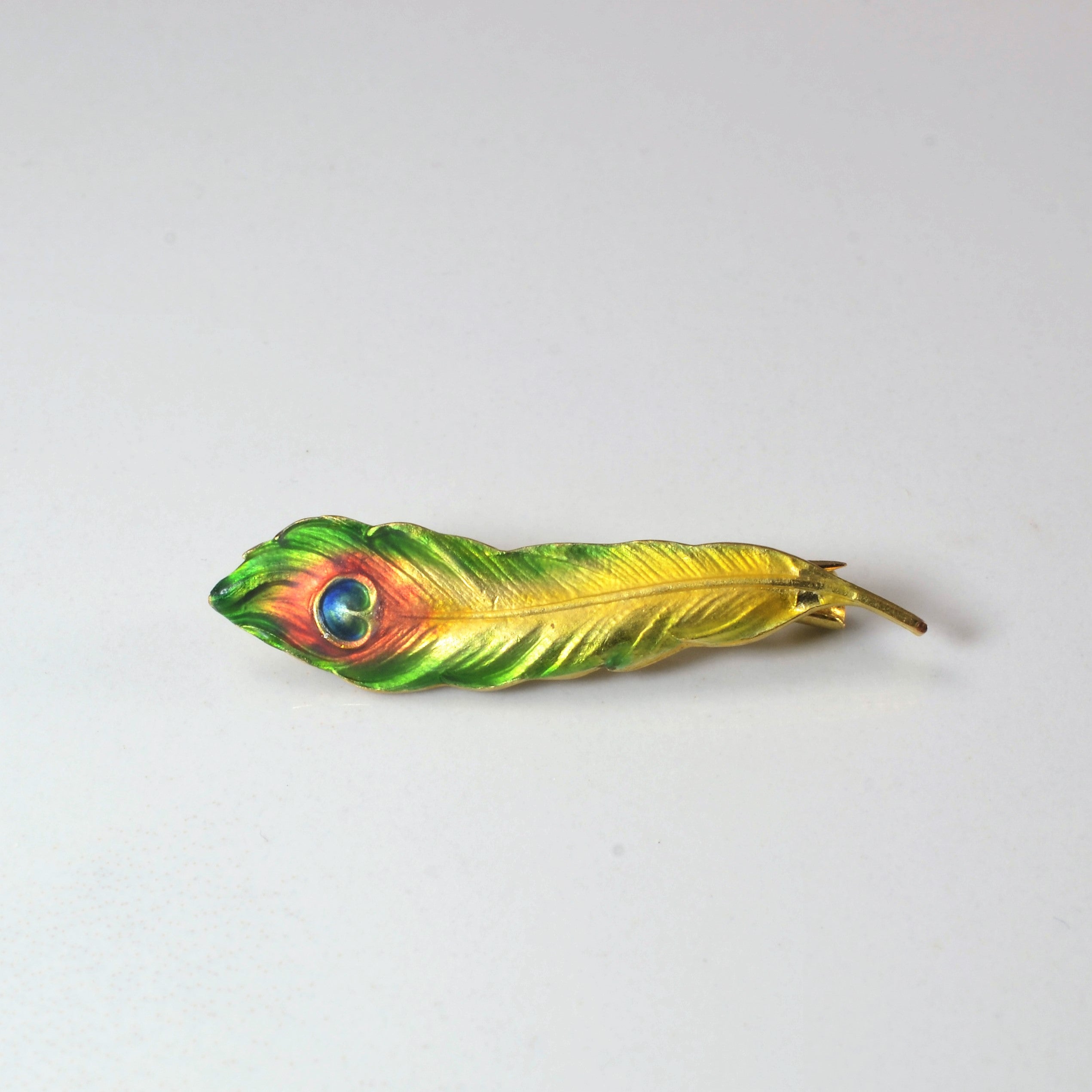 Broche plume de paon émaillée style milieu du siècle |