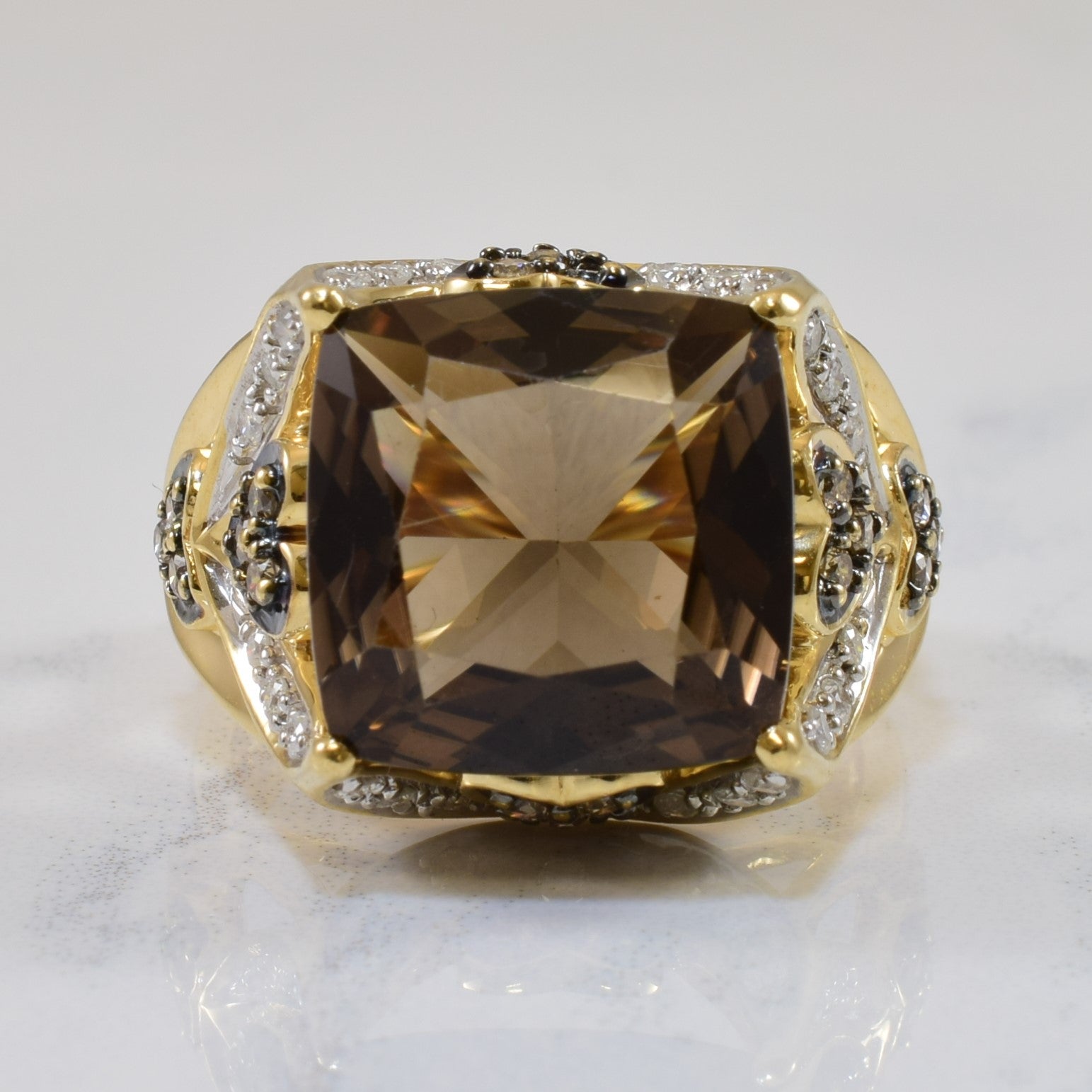 Heart Detailed Smoky Quartz & Diamond Ring | 8.00ct, 0.44ctw | SZ 9 |
