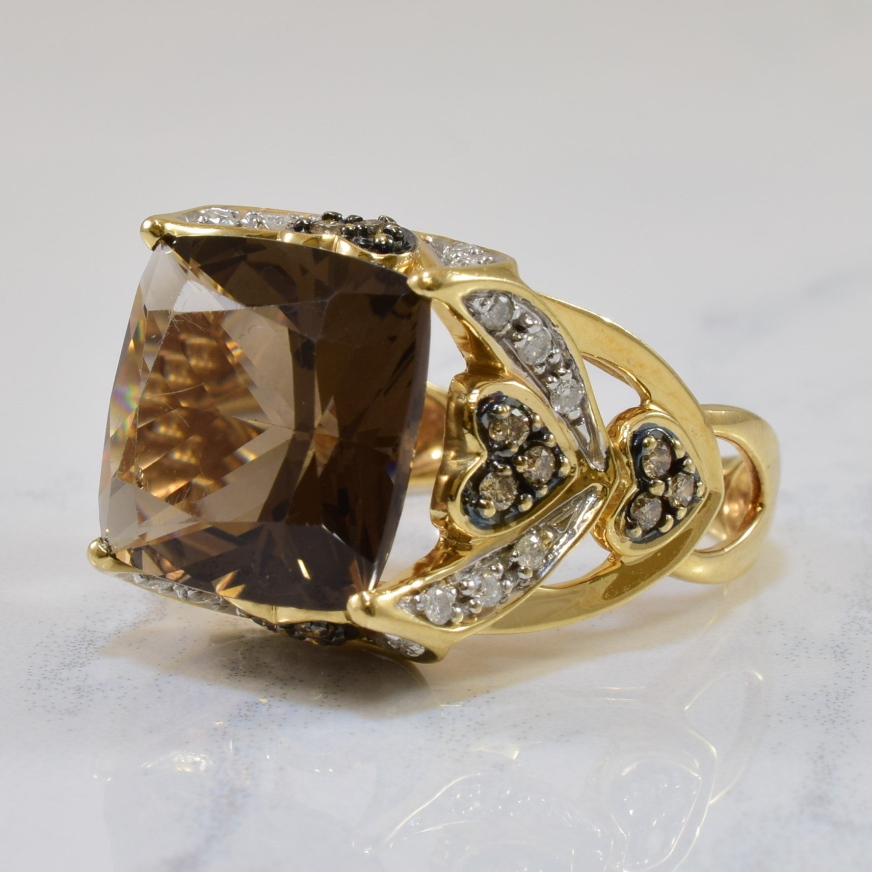 Heart Detailed Smoky Quartz & Diamond Ring | 8.00ct, 0.44ctw | SZ 9 |