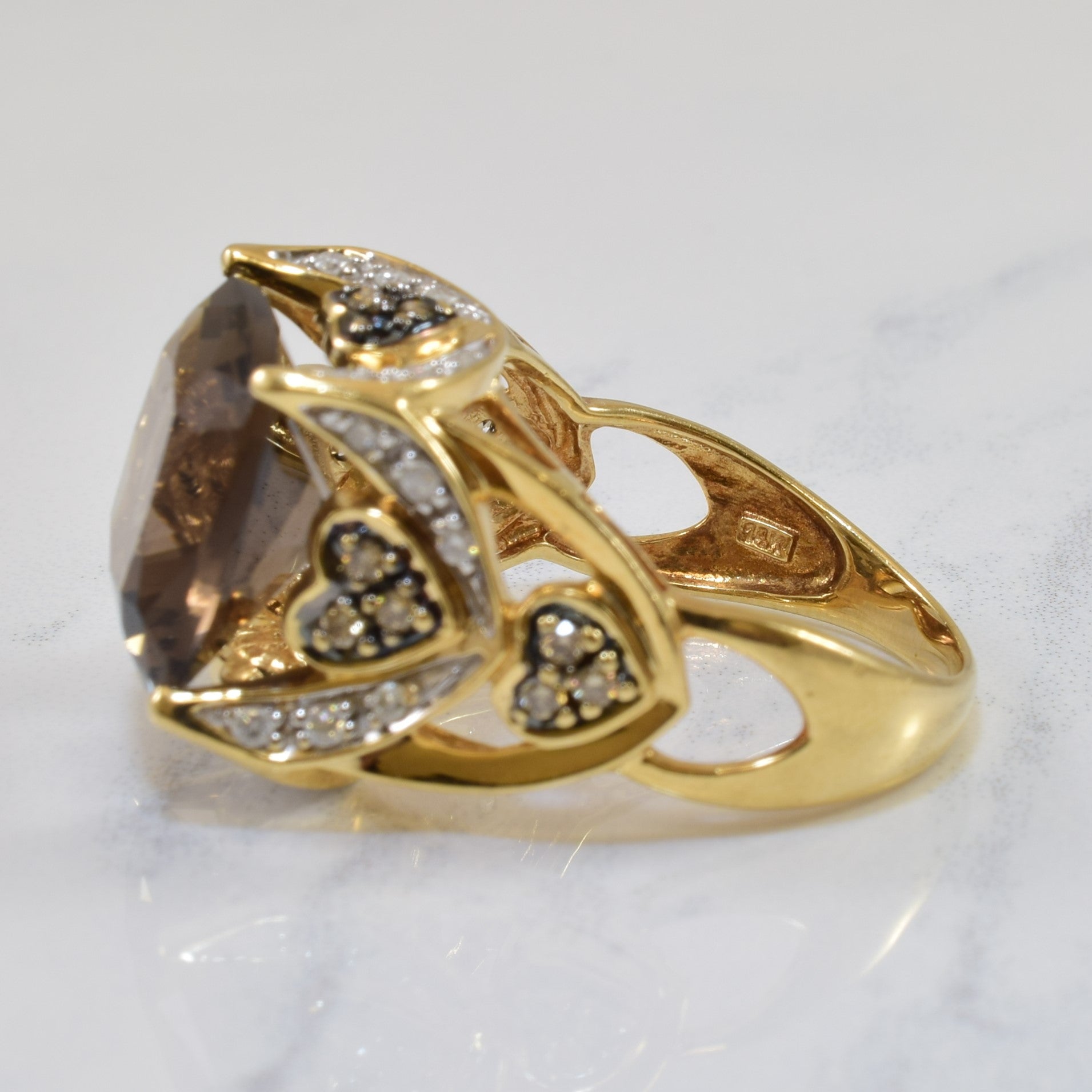 Heart Detailed Smoky Quartz & Diamond Ring | 8.00ct, 0.44ctw | SZ 9 |