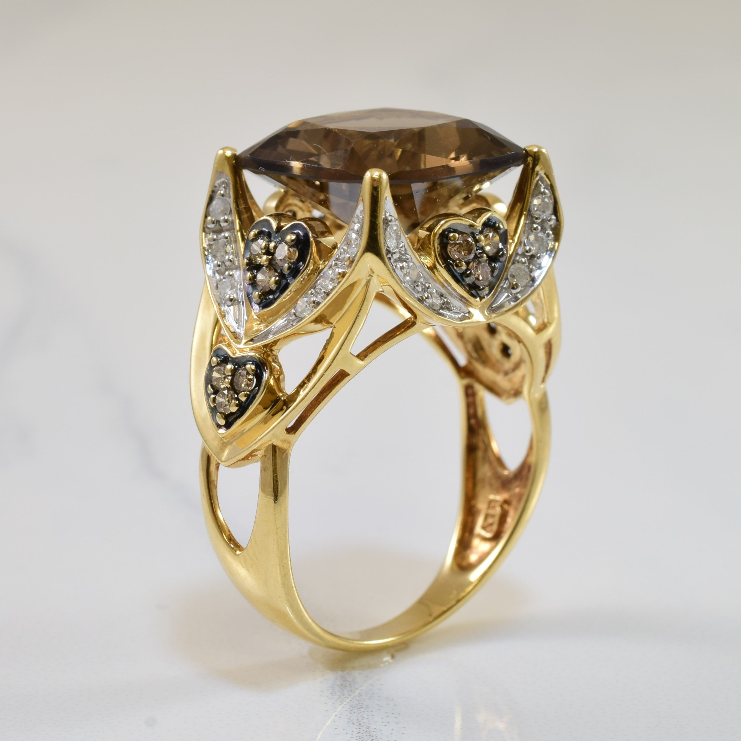 Heart Detailed Smoky Quartz & Diamond Ring | 8.00ct, 0.44ctw | SZ 9 |